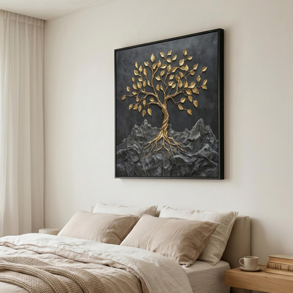 LEINWAND Bilder mit Rahmen - Blätter - Gold - Baum - Fels - 90x90 - Schwarz, Textil (90/90cm) - MuchoWow