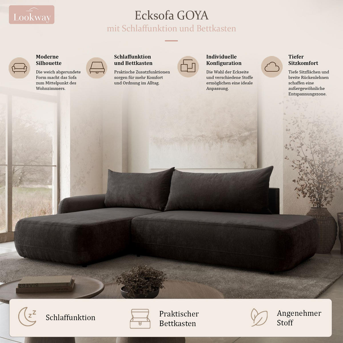 ECKSOFA GOYA mit Schlaffunktion und Bettkasten, Linke, Perfect Harmony 90 - Graphitfarben, Textil (184/302cm) - Lookway