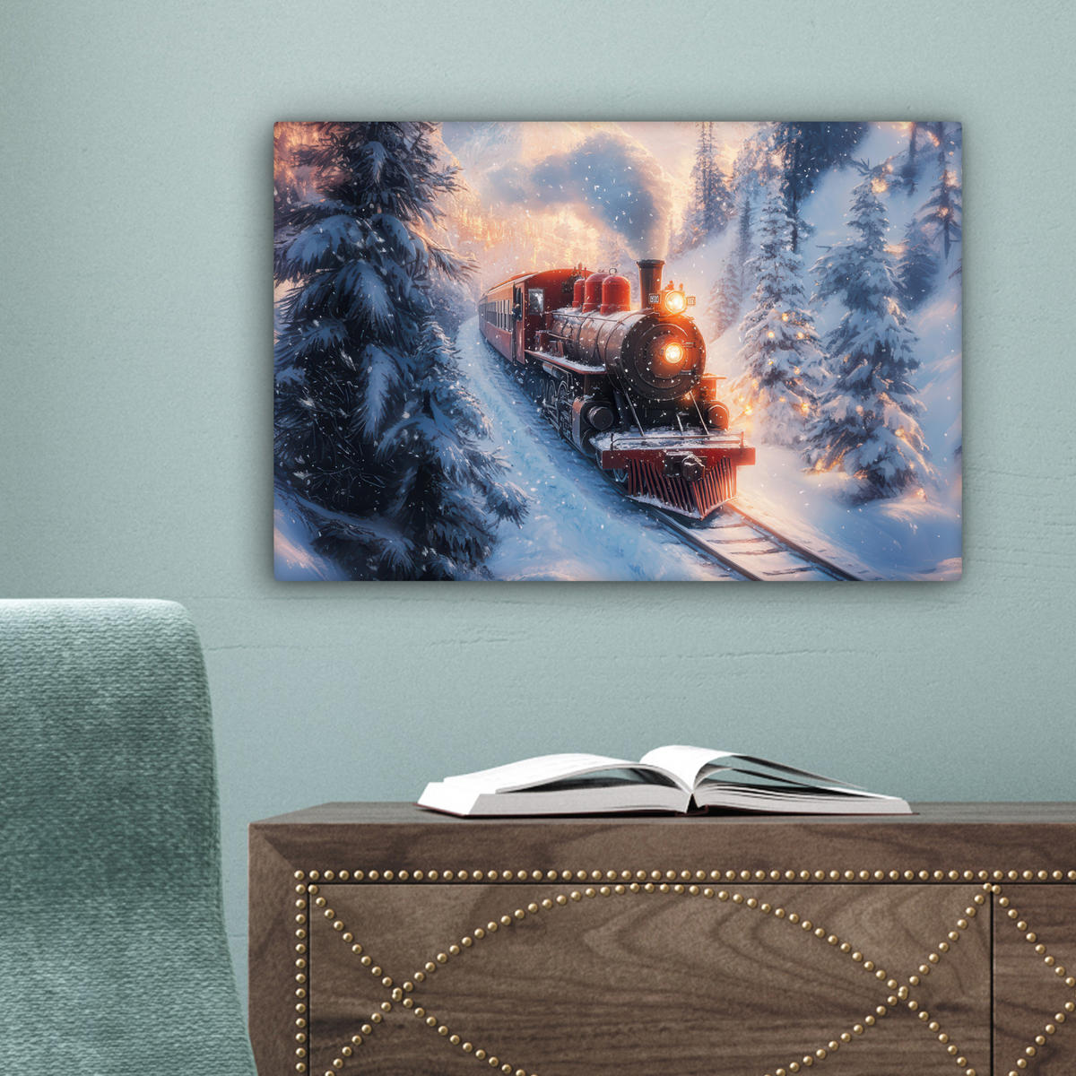 LEINWANDBILD Weihnachtszug - Schnee - Winter - Weihnachten Deko Schlafzimmer 30x20 cm - Dunkelrot, Textil (30/20cm) - MuchoWow