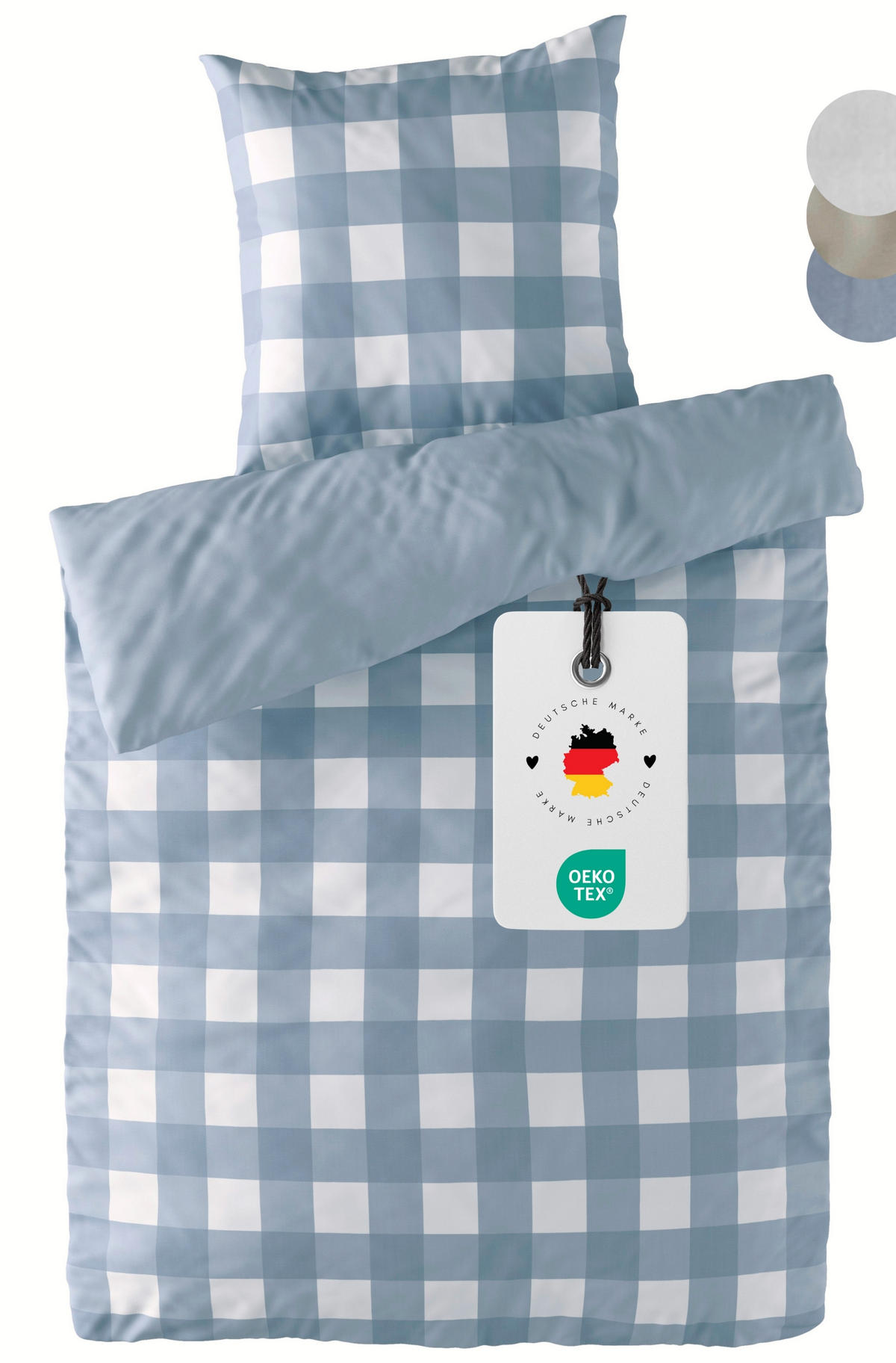 WENDE-BETTWÄSCHE Mako Perkal 240x220 cm aus 100% Baumwolle mit Reißverschluss, 3 teilig Bettbezug kariert uni 240 x 220 - Blau - Blau, Textil (240/220cm) - Carpe Sonno