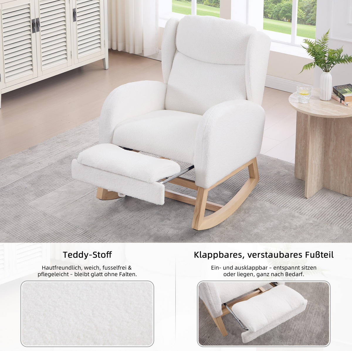 SCHAUKELSTUHL Teddy-Stoff mit ausziehbarer Fußstütze und Tasche 122.5/70/104 cm Weiß - Weiß, Textil (70/104/122.5cm) - Redom