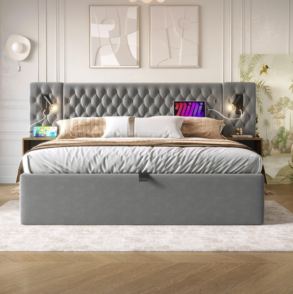 POLNJENA postelja iz žameta 160x200 cm siva z 2 nočnima omaricama, LED bralno lučko, USB in Type-C polnjenjem ter hidravličnim predalom - siva, tekstil (160/200cm) - Modfu