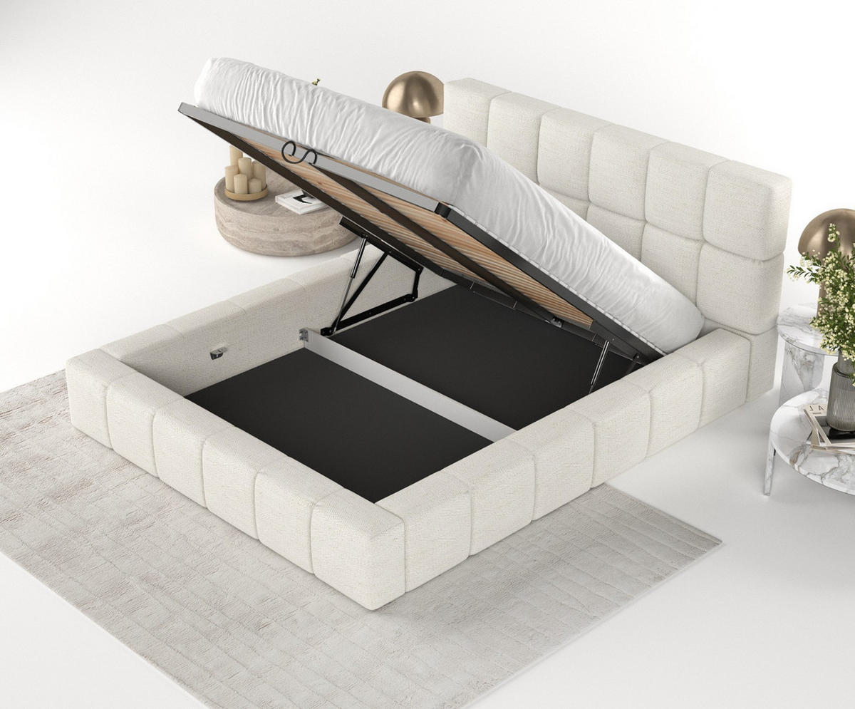 POLSTERBETT Paros mit Stauraum 160/200 cm Creme im Modesto Stoff - Creme/Schwarz, Holz/Holzwerkstoff (160/200cm) - AltaBeds