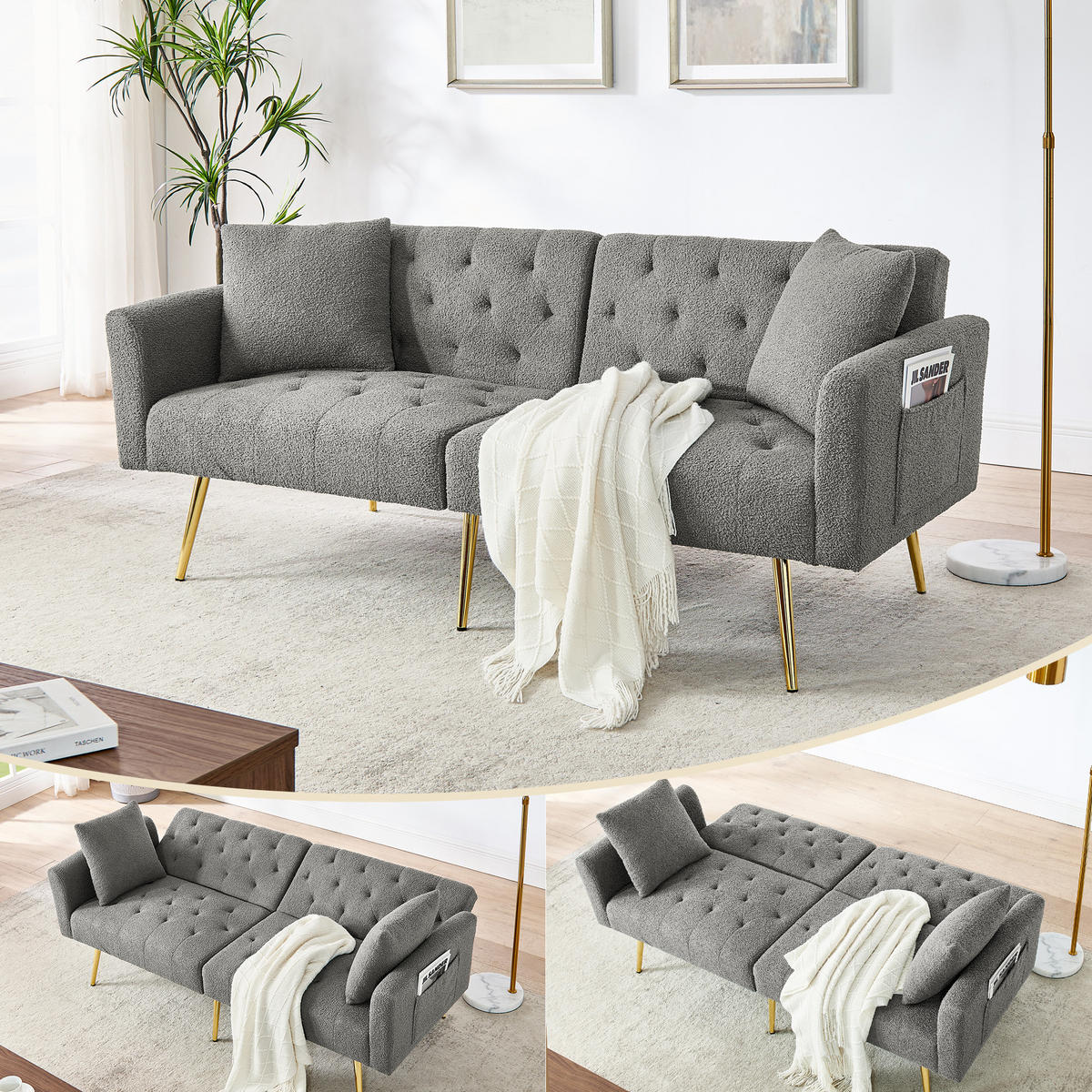 SCHLAFSOFA 177/78/74 cm in Gray Teddyfell mit Aufbewahrungstasche - Grau, Textil (177/74/78cm) - Oxeza