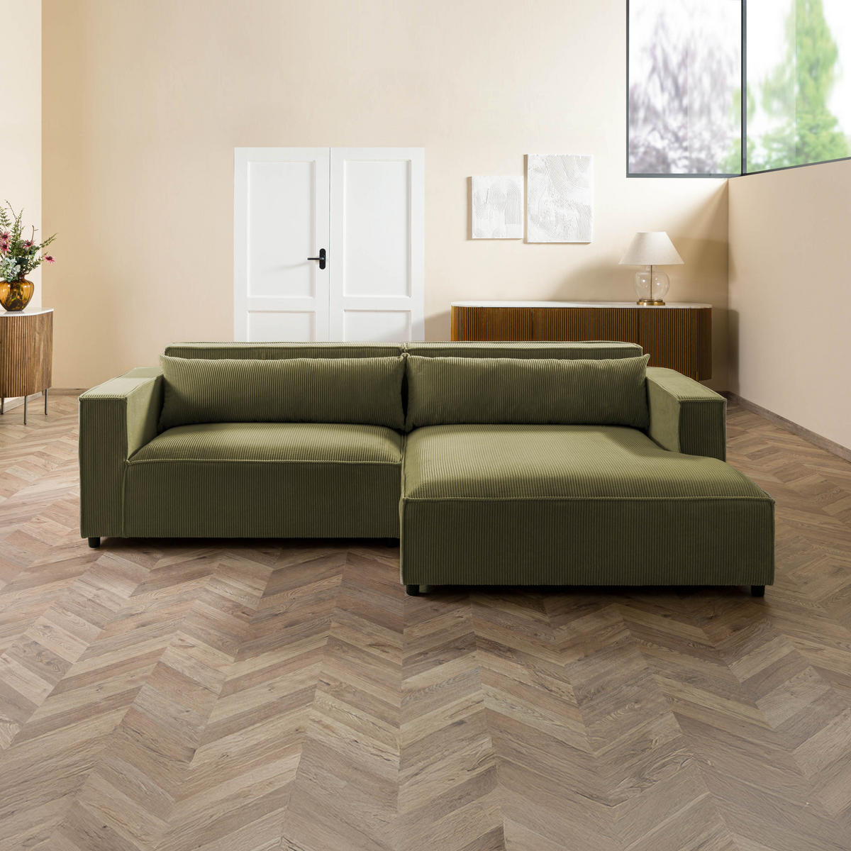 ECKSOFA Ottomane rechts Cord Velours 266x150x80 grün FINN - Grün, Kunststoff (266/150cm) - Massivmoebel24