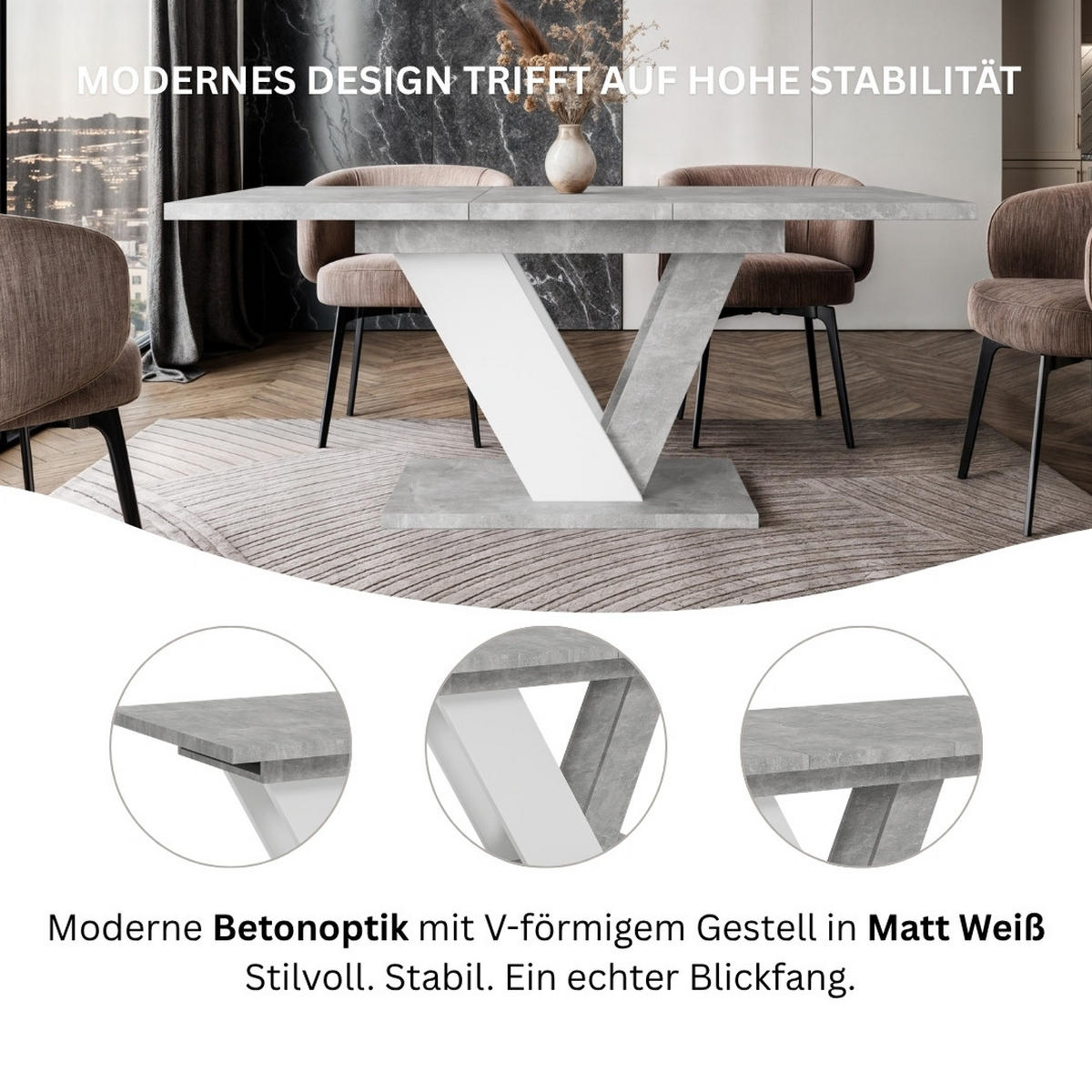 ESSTISCH Grau Betonoptik und Weiß Ausziehbar 120 - 160 cm - Weiß/Grau, Holzwerkstoff (120/80/76cm) - PROSPERO
