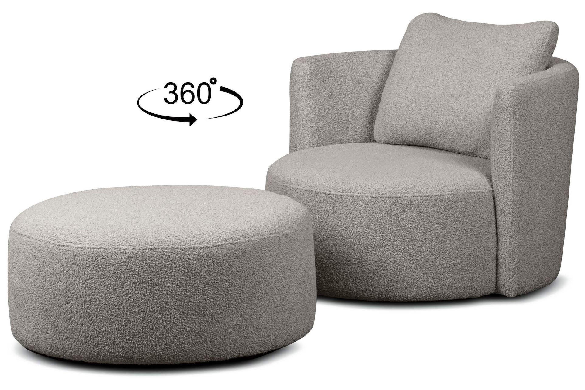 DREHSESSEL-SET RAGGI inkl. Sitzhocker, Boucle, Hellgrau - Hellgrau, Textil (92/75/80cm) - KONSIMO®