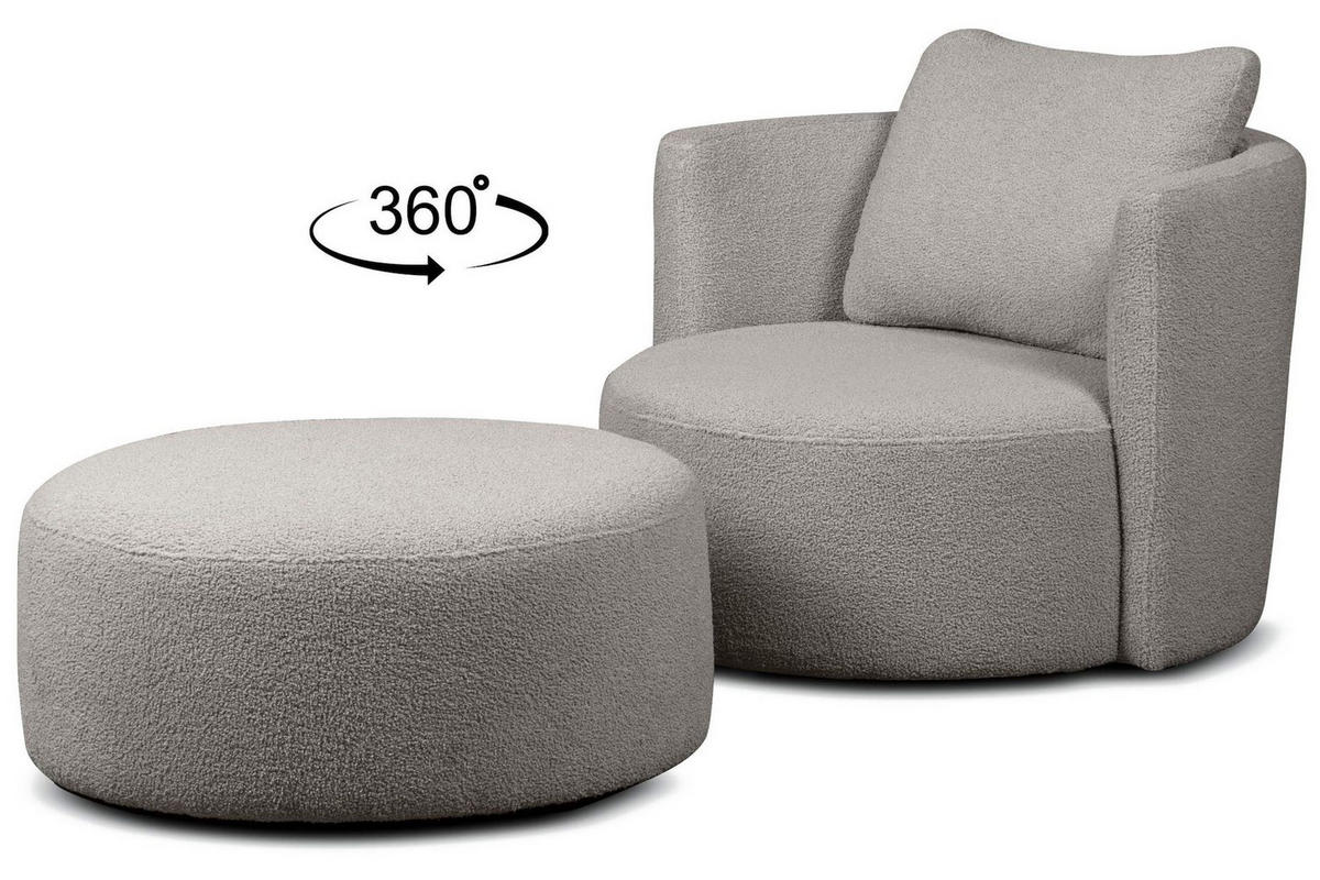 DREHSESSEL-SET RAGGI inkl. Sitzhocker, Boucle, Hellgrau - Hellgrau, Textil (92/75/80cm) - KONSIMO®