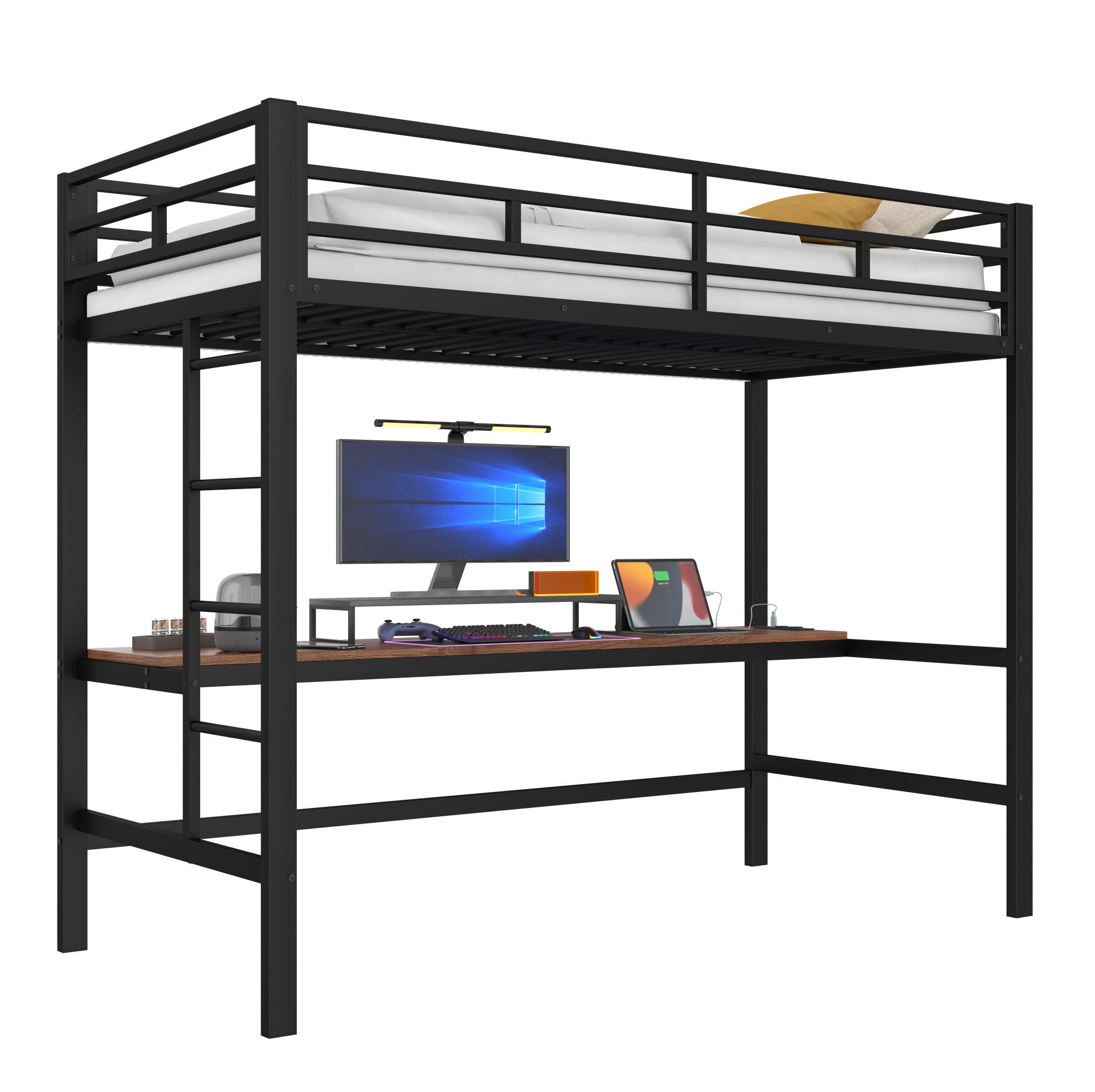 HOCHBETT 90/200 cm Schwarz mit LED-Beleuchtung Schreibtisch mit USB- und Type-C-Anschlüssen - Schwarz, Metall (90/200cm) - OKWISH