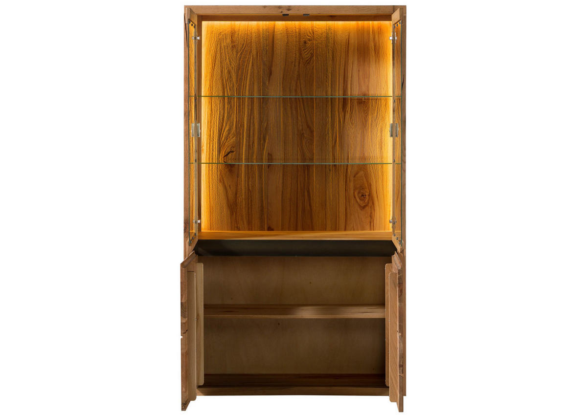 VITRINE Wild-/Zerreiche 105x43x195 natur geölt MONTREUX LUX #115 - Braun, Holz (105/195/43cm) - Massivmoebel24