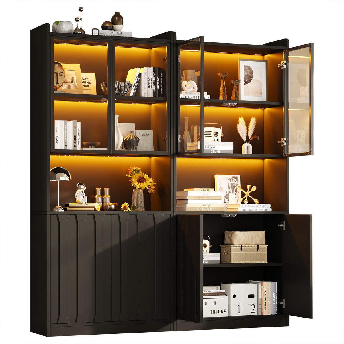 VITRINE 2er-Set 160x35x200 cm Schwarz LED Glastüren - Schwarz, Holzwerkstoff (160/200/35cm) - FLIEKS