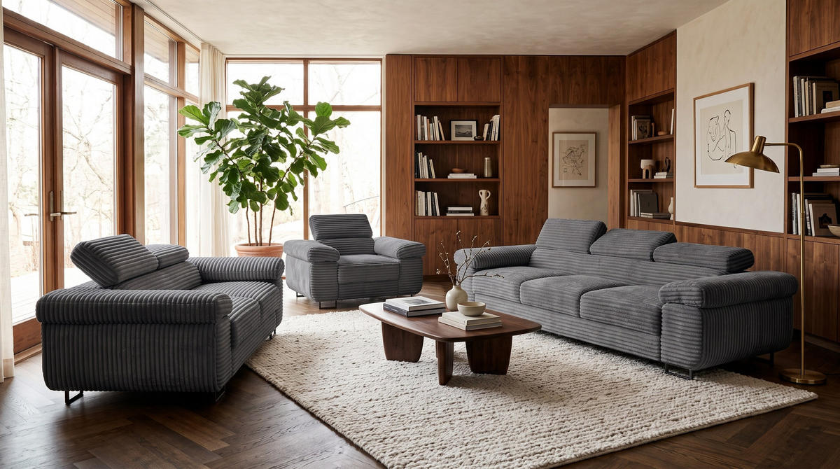 GUSTAW Sitzgarnitur 3+2+1, Schlafsofa 3-Sitzer, Cordbezug Anthrazit - Anthrazit, Textil (225/92/101cm) - KS Home Concept