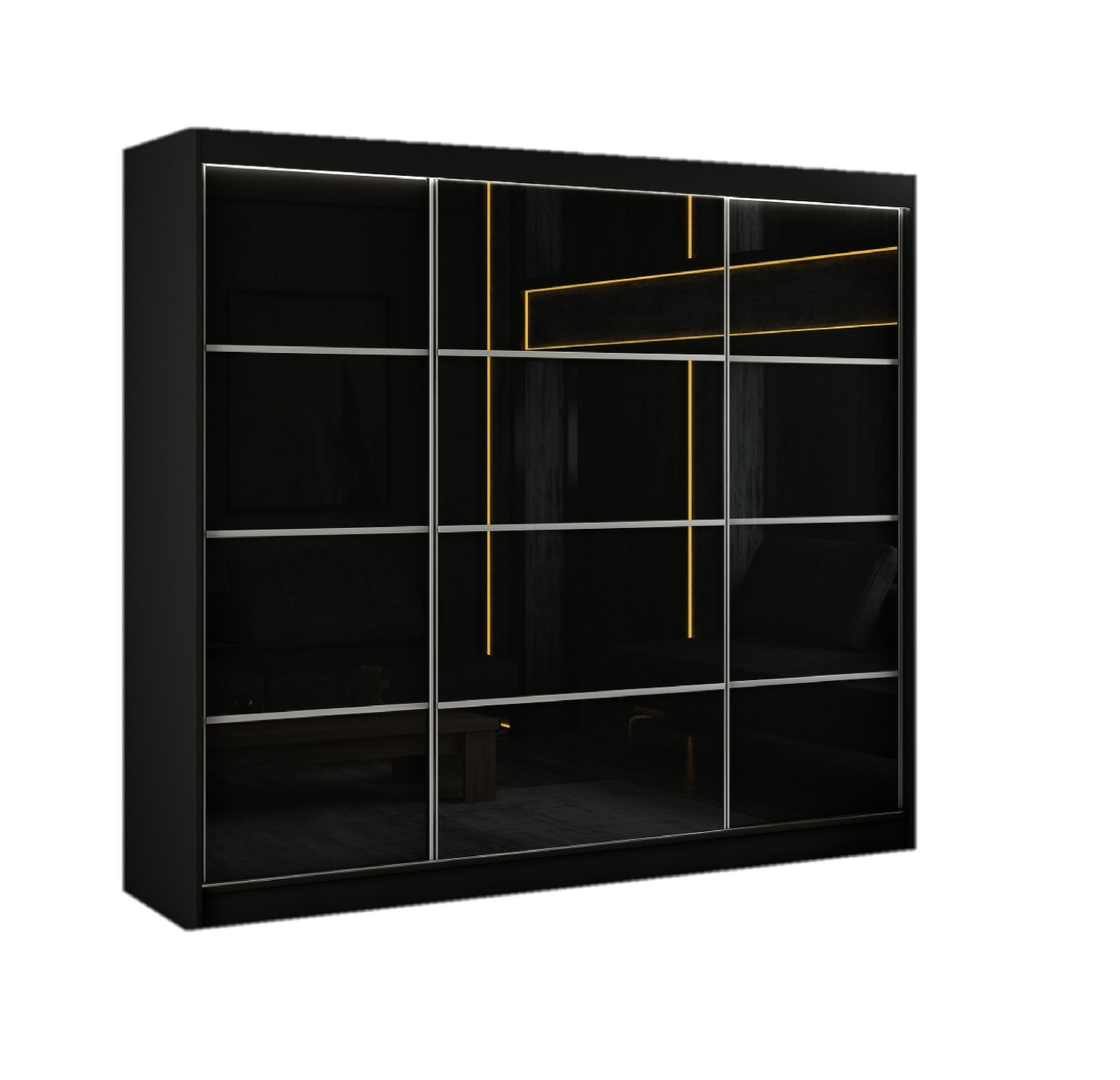 SCHWEBETÜRENSCHRANK Porto III 250 cm 3-türig, schwarz, lacobel schwarz, Sprosse - Schwarz, Kunststoff (250/215/61cm) - Margaret Hadas24