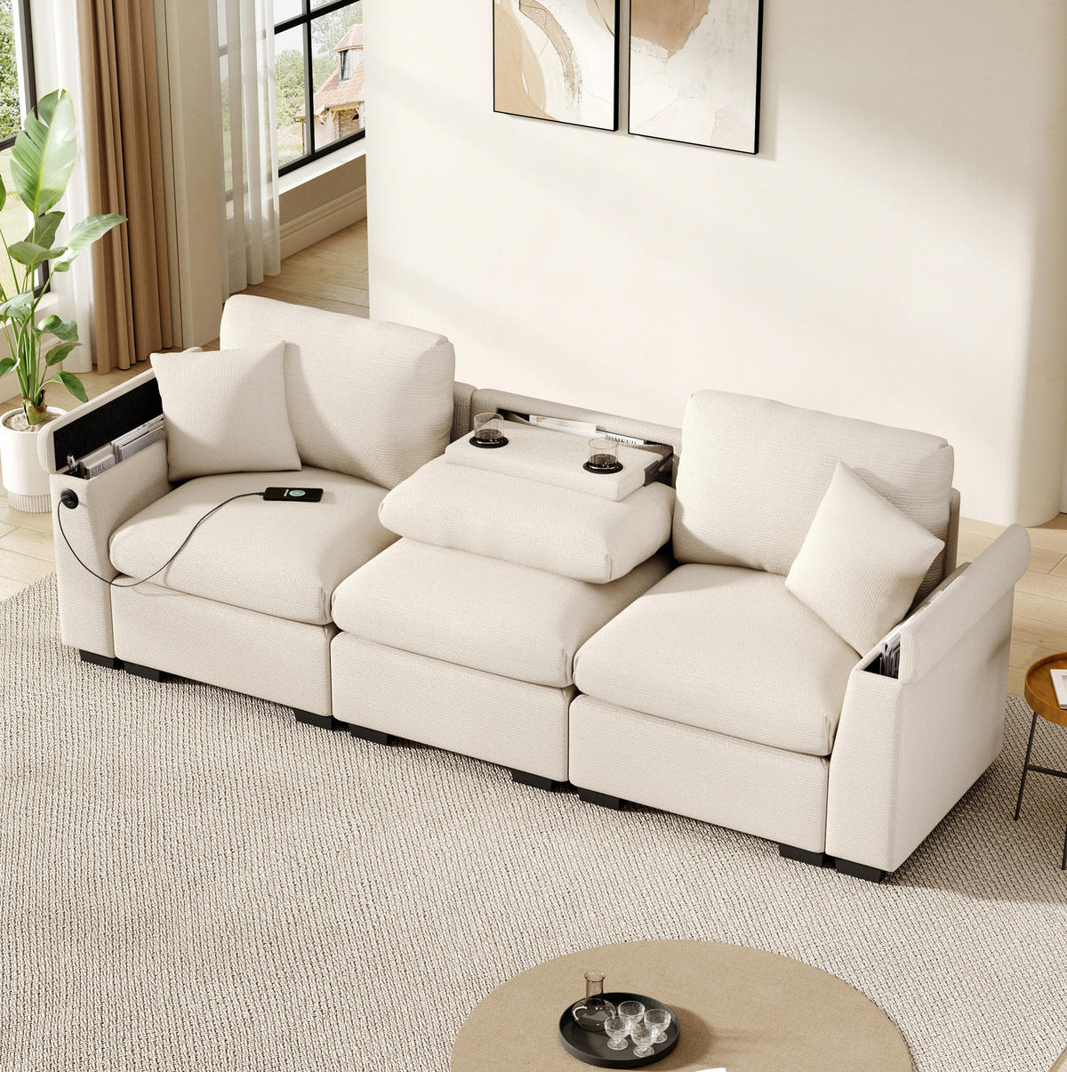 SOFA 3-Sitzer mit Klapptisch USB und Stauraum Chenille Beige - Beige, Kunststoff (242/88/80cm) - Meubliv