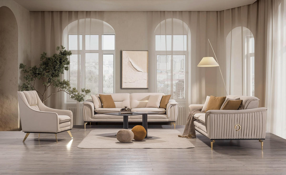 SITZGARNITUR Bologna Creme-Karamell Stellvariante:3+1+1 - Beige, Holz (229/82/92cm) - Villa Möbel