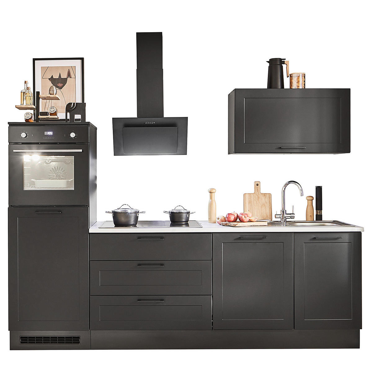KÜCHENZEILE ohne Elektrogeräten - Matt Schwarz / Marmor Hell Dekor - 260 cm - Schwarz, Holzwerkstoff/Metall (260/195/60cm) - home24