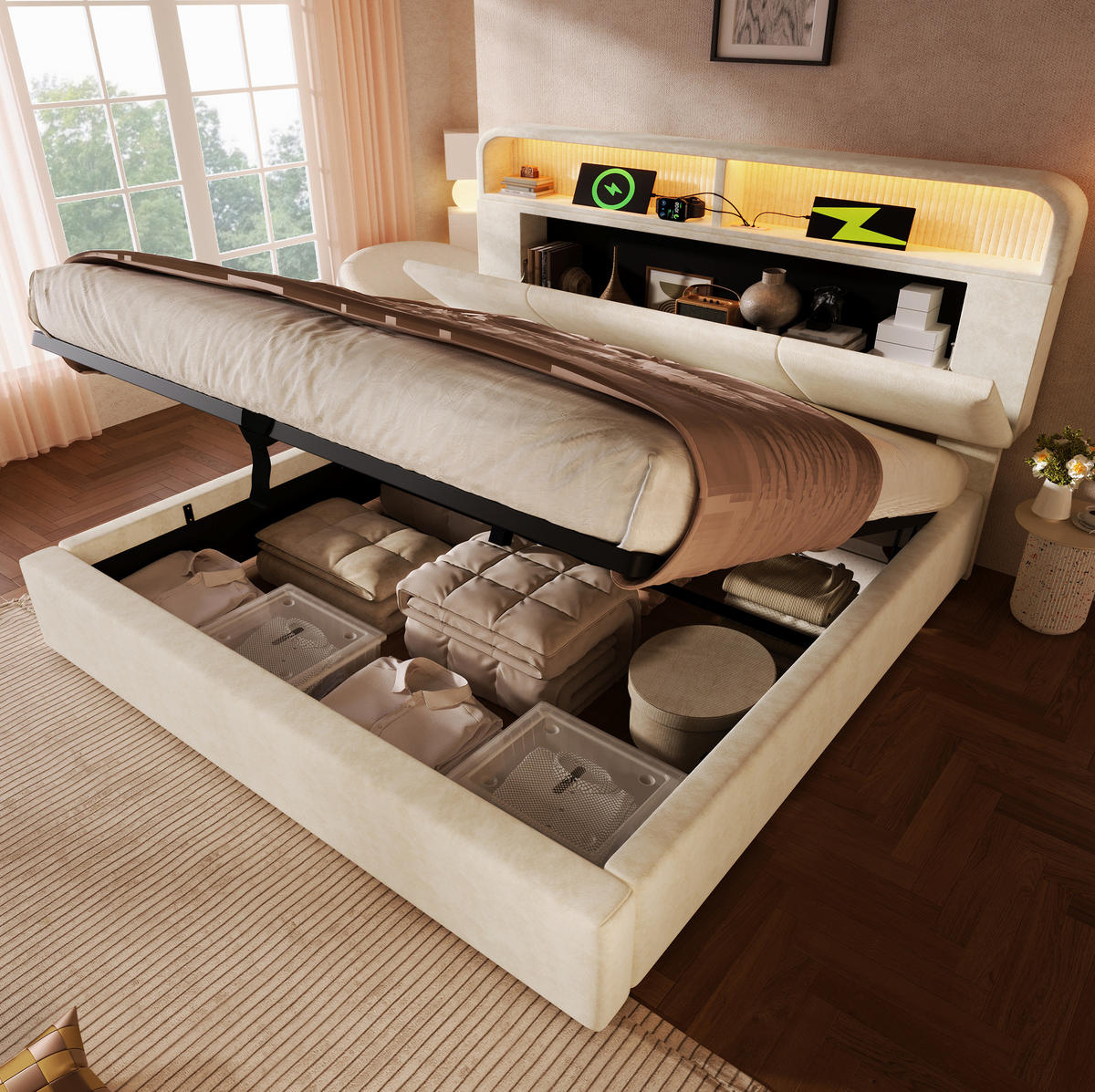 POLSTERBETT aus Samt 140x190 cm Beige mit Bettkasten, LED-Beleuchtung und USB-/Type-C-Ladestation - Beige, Textil (140/190cm) - IVMEU