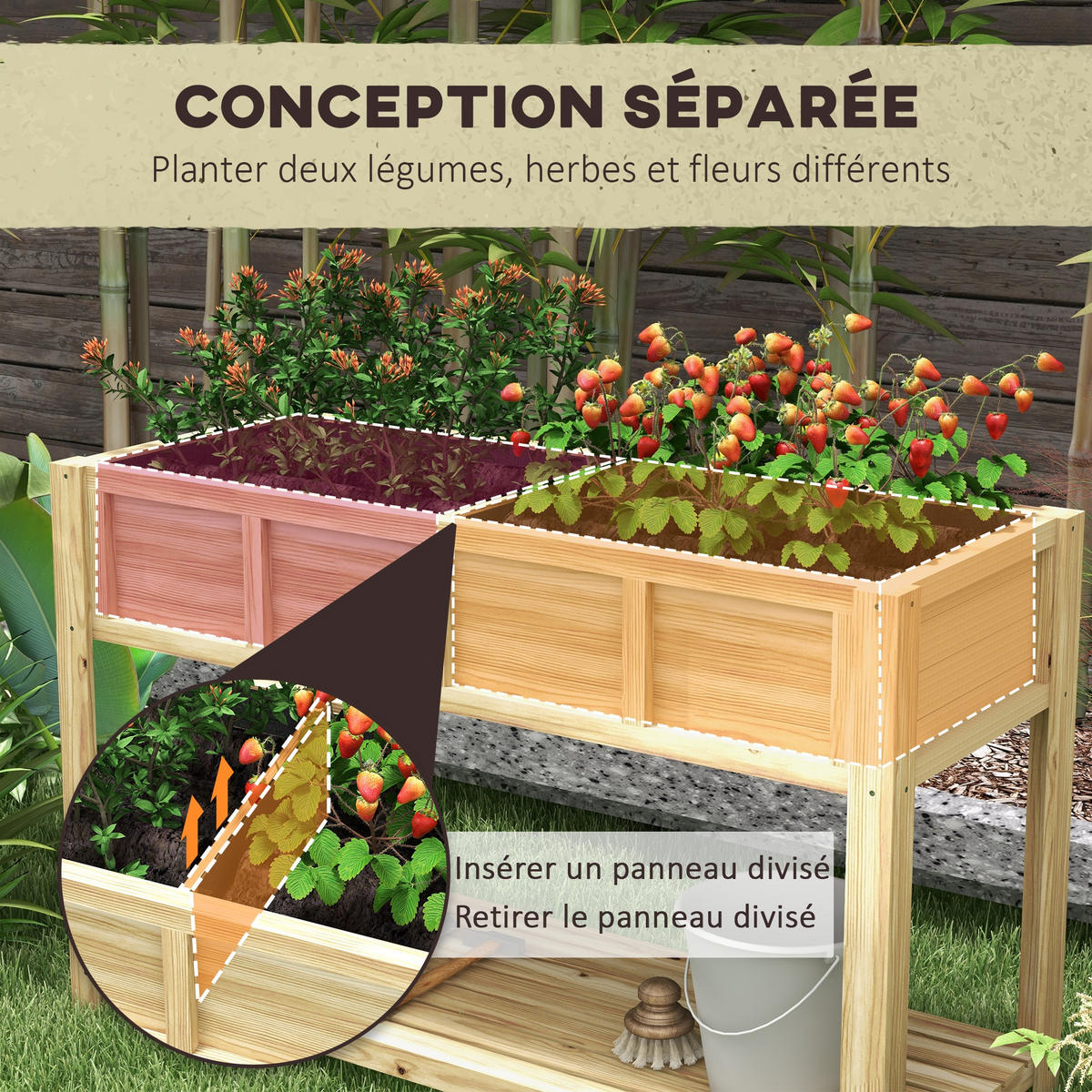 HOCHBEET DE-15997 mit herausnehmbarem Separator Holz - Naturfarben, Holzwerkstoff (115/75/46cm) - ComfortXL