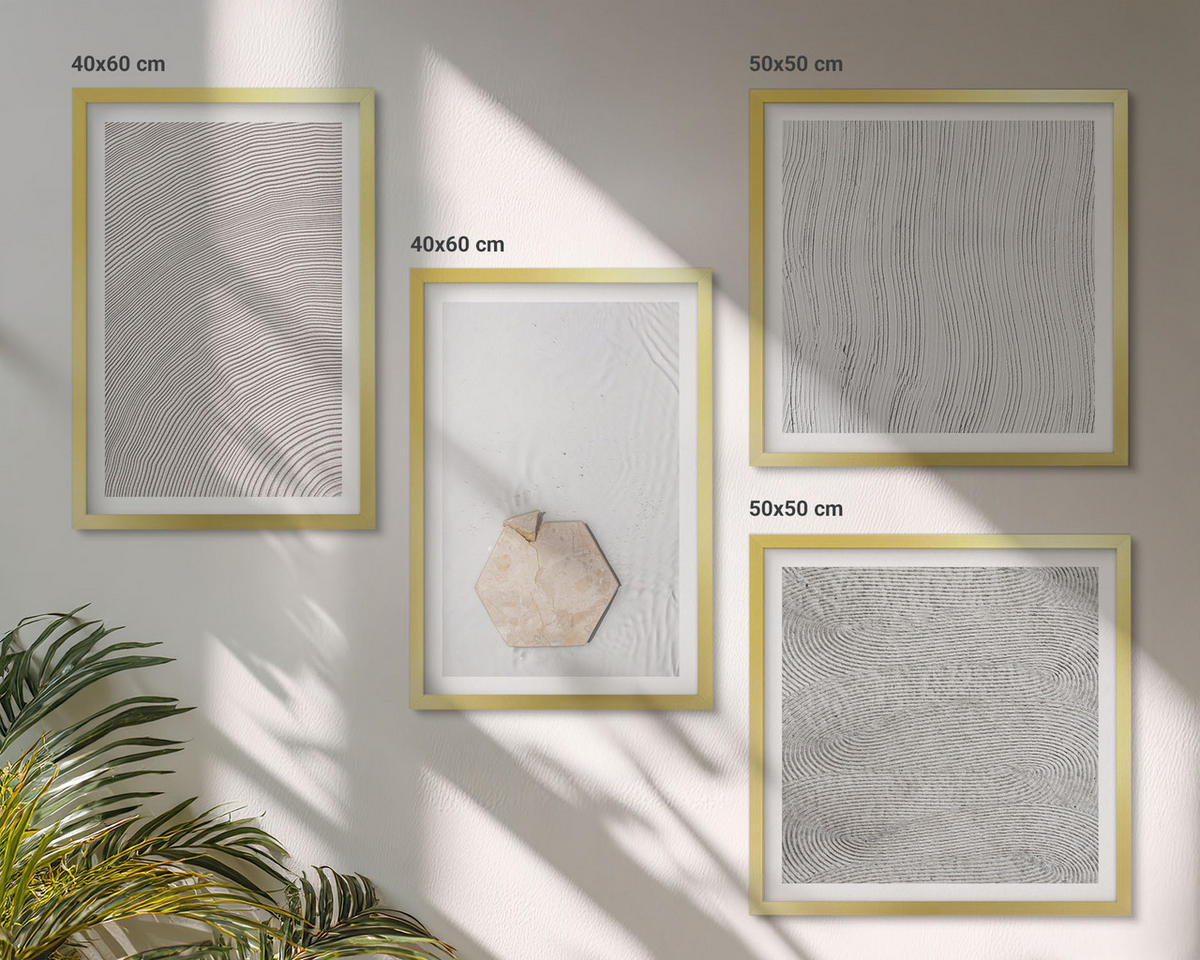 WANDBILDER 4er Set - 50x50 cm & 40x60 cm Goldrahmen - Leichte Boho-Sandtexturen - Goldfarben, Kunststoff (50/50cm) - ArtPrintCave
