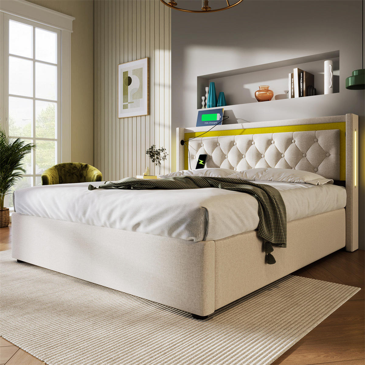 POLSTERBETT 140/200 cm in Beige mit USB Typ C Ladefunktion Kopfteil - Beige, Holz/Textil (140/200cm) - KOMHTOM