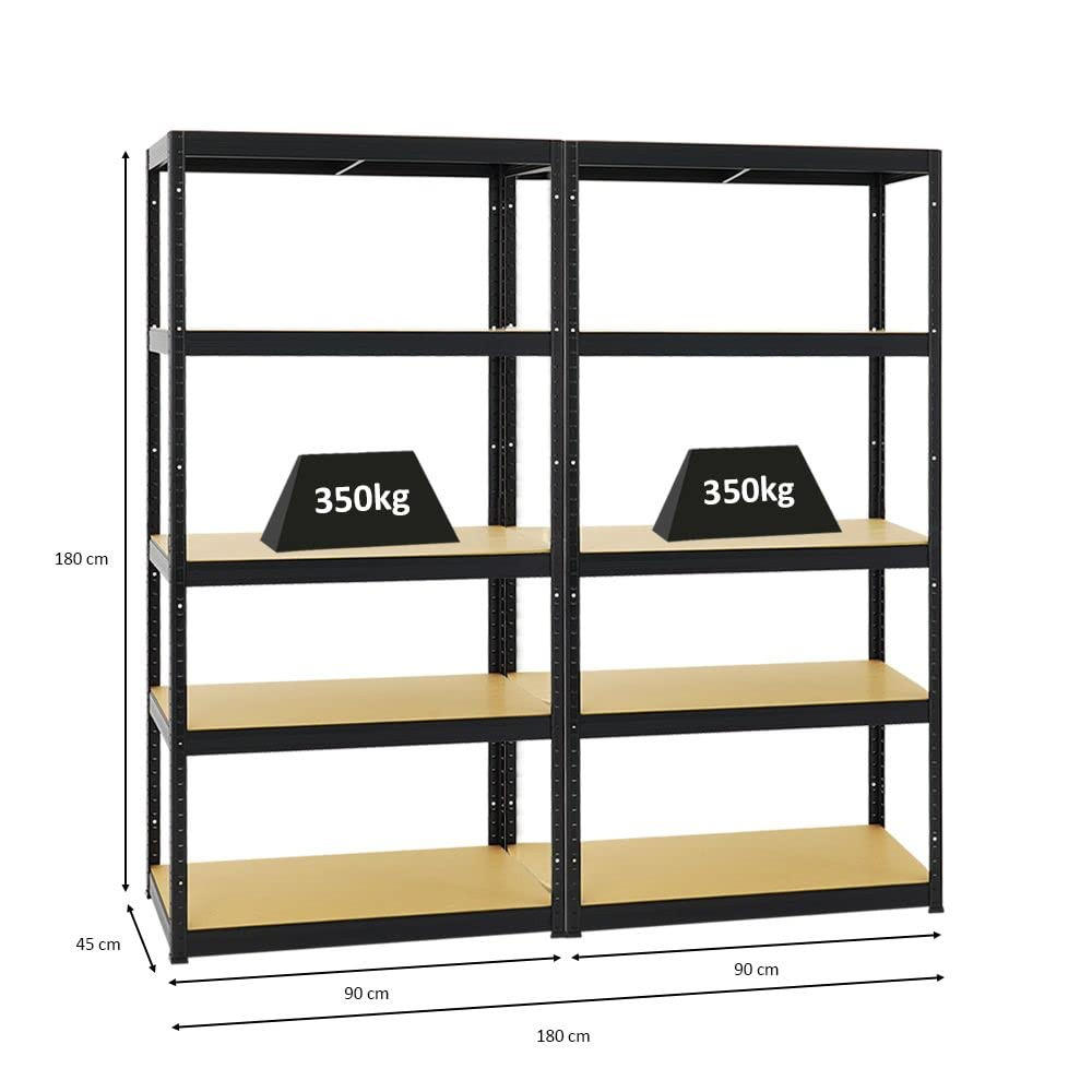 SCHWERLASTREGAL Slim Elephant S 2er-Set mit 2x 180x90x45 cm 5 Ebenen Fachlast 350 kg Schwarz - Schwarz, Metall (180/180/45cm) - PROREGAL