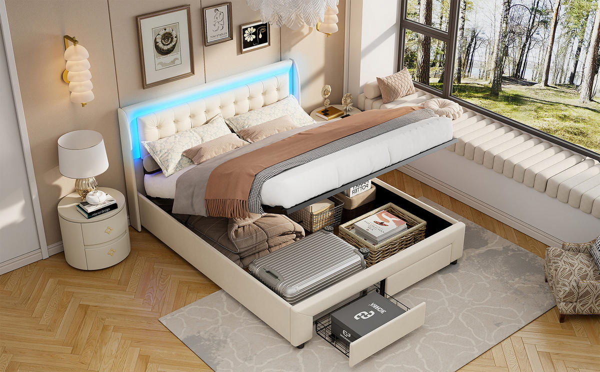 POLSTERBETT 180x200 cm Beige Samt Gaslift 2 Schubladen - Beige, Holz (180/200cm) - SHOPENTRA
