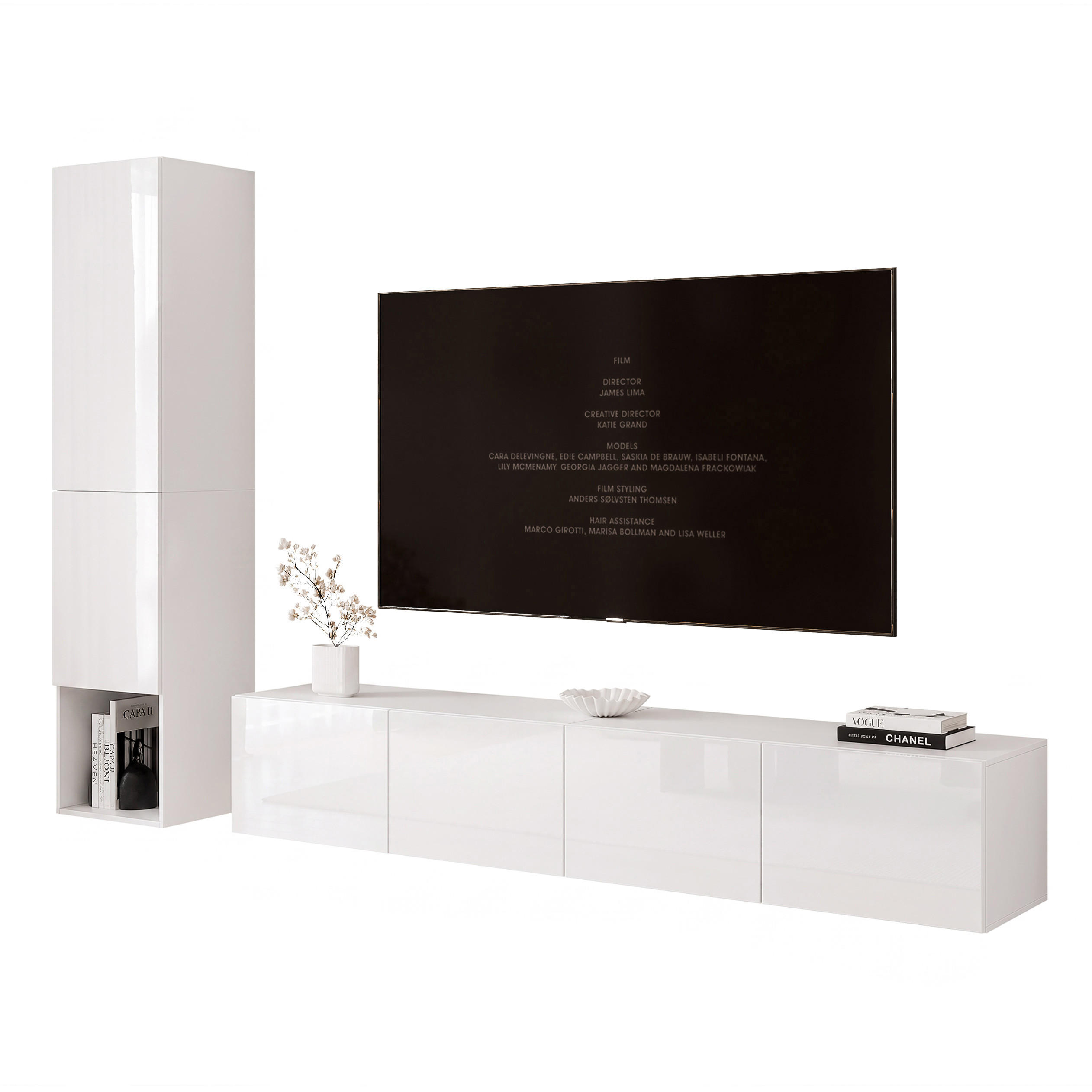 WOHNWAND ANGEL LINE I 2-teilig, mit LED-Beleuchtung, Weiß Hochglanz - Weiß Hochglanz, Holzwerkstoff (240/180/40cm) - Idohome