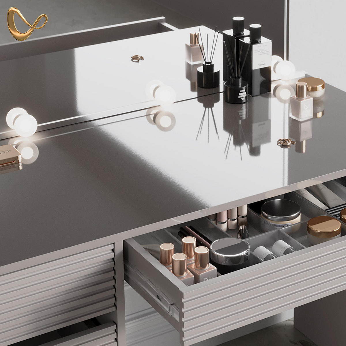 SCHMINKTISCH Imola Cashmere mit LED Beleuchtung und Hocker - Kaschmir, Holzwerkstoff (120/75/55cm) - Livinity®