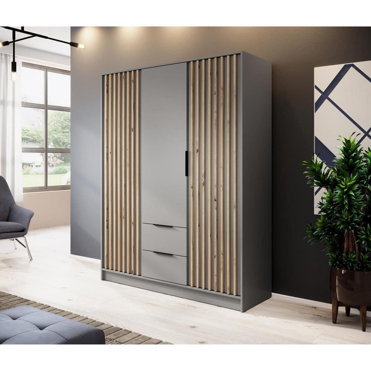 DREHTÜRENSCHRANK Kelly 155/200/51 3-türig grau - Schwarz/Grau, Holzwerkstoff/Kunststoff (155/200/51cm) - Beautysofa