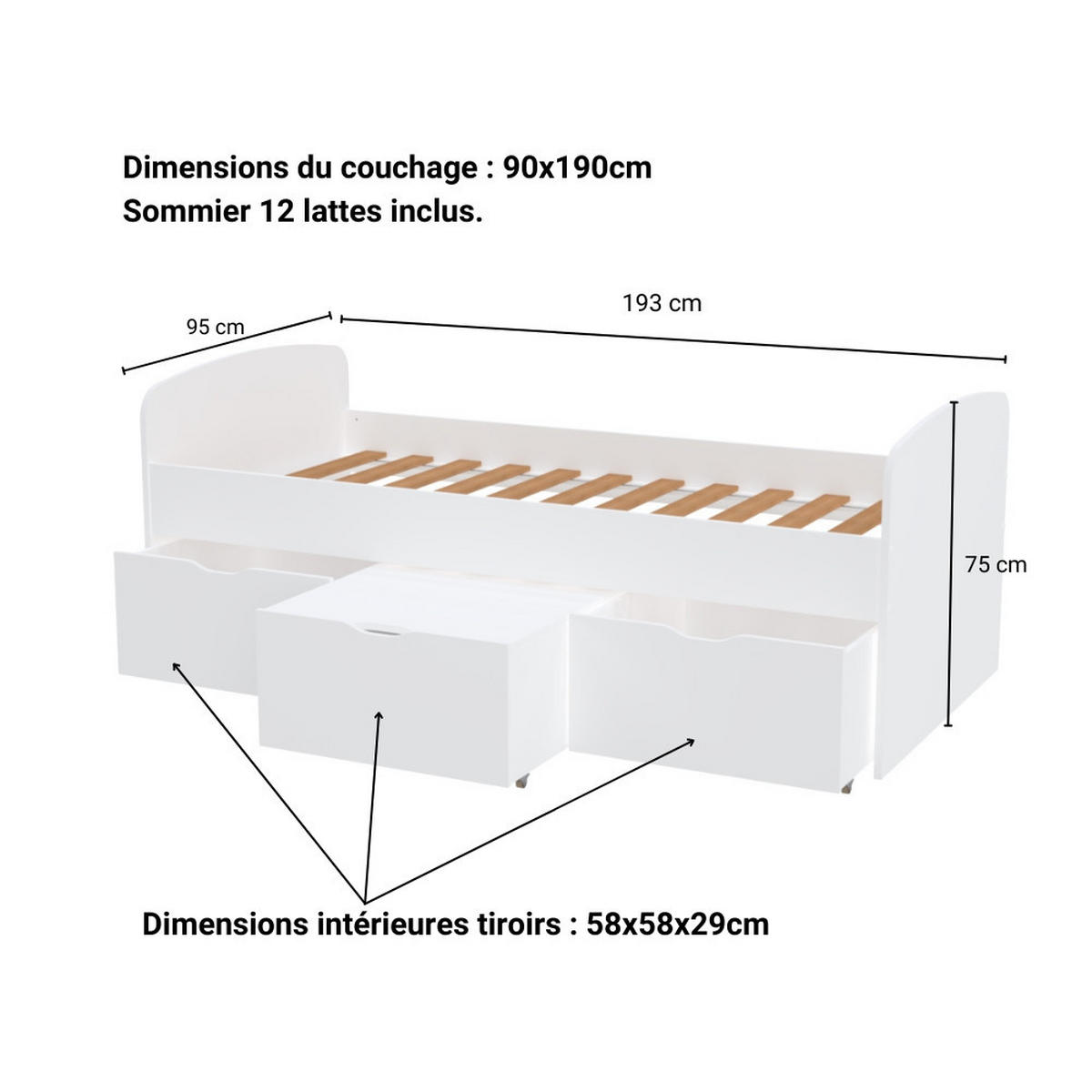 KINDERBETT MIA / SPIELBETT Lattenrost + 3x Schubladen - Weiß - Weiß, Holz/Holzwerkstoff (90/190cm) - Weber Industries