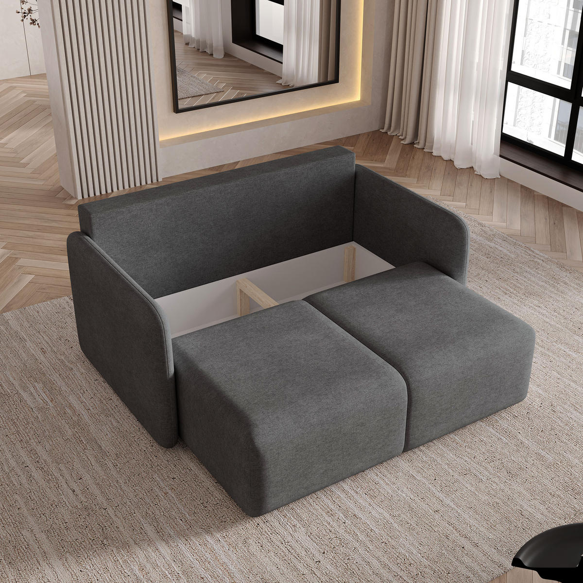 BETTSOFA SUVI II NV Grau Geflochtener Stoff mit Schlaffunktion - Grau, Textil (90/85/153cm) - MASSENO