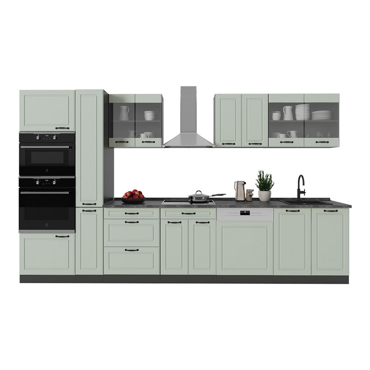 KÜCHENZEILE R-Line, Mint Landhaus/Anthrazit, 350 cm Arbeitsplatte Goldkraft Eiche - Anthrazit/Grün, Holzwerkstoff (350/206.8/60cm) - Vicco
