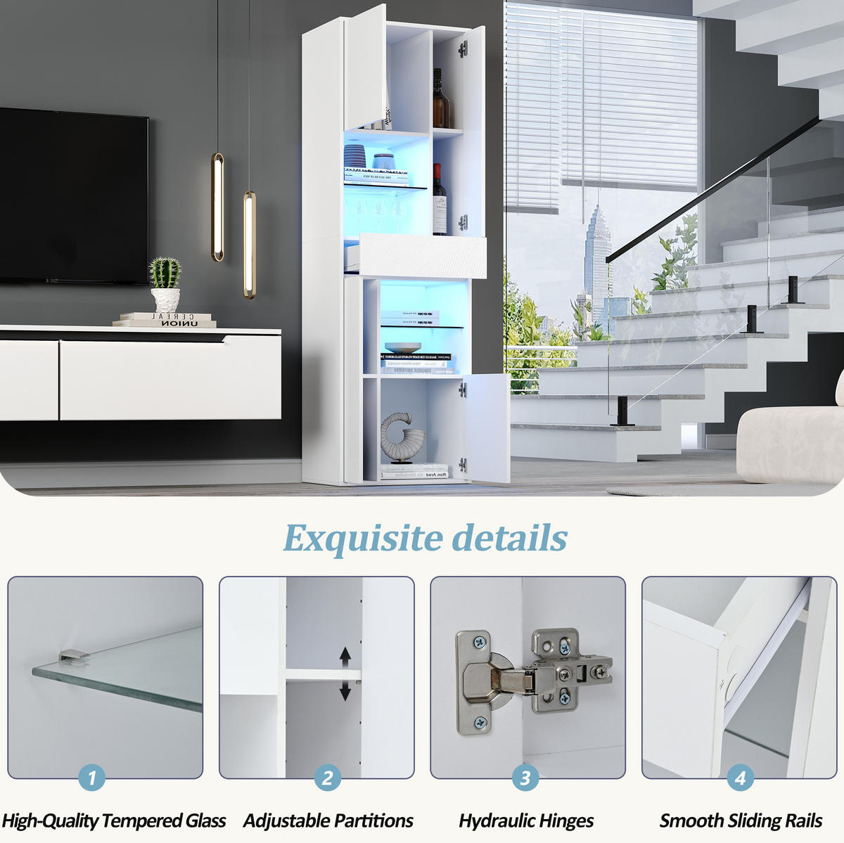 VITRINE 55/38/170 cm mit LED-Beleuchtung, Hochglanzfront, verstellbaren Einlegeböden und Glasfächern, Spanplatte, Weiß - Weiß, Holzwerkstoff (55/170/38cm) - Redom