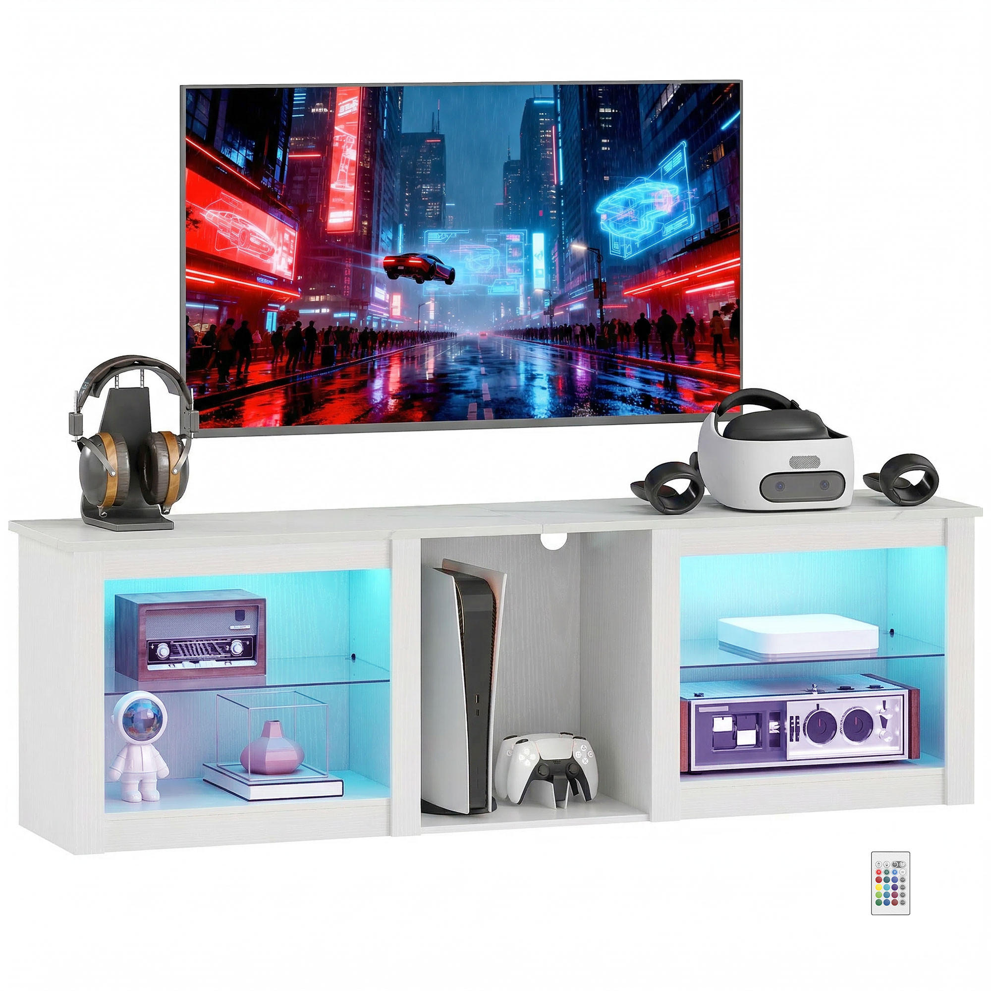 TV-LOWBOARD Weiß 160/35/51,7 cm, LED-Beleuchtung, Glasböden - Weiß, Holzwerkstoff (160/51.7/35cm) - PANGIVO