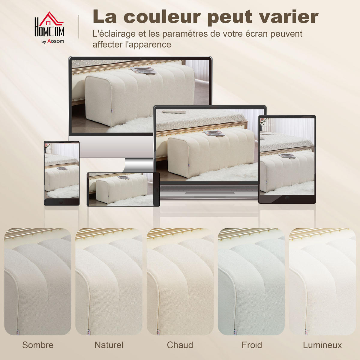 HOCKERBANK DE-12899 gepolstert, Kissensteppung Creme - Creme, Textil (40/44/110cm) - ComfortXL