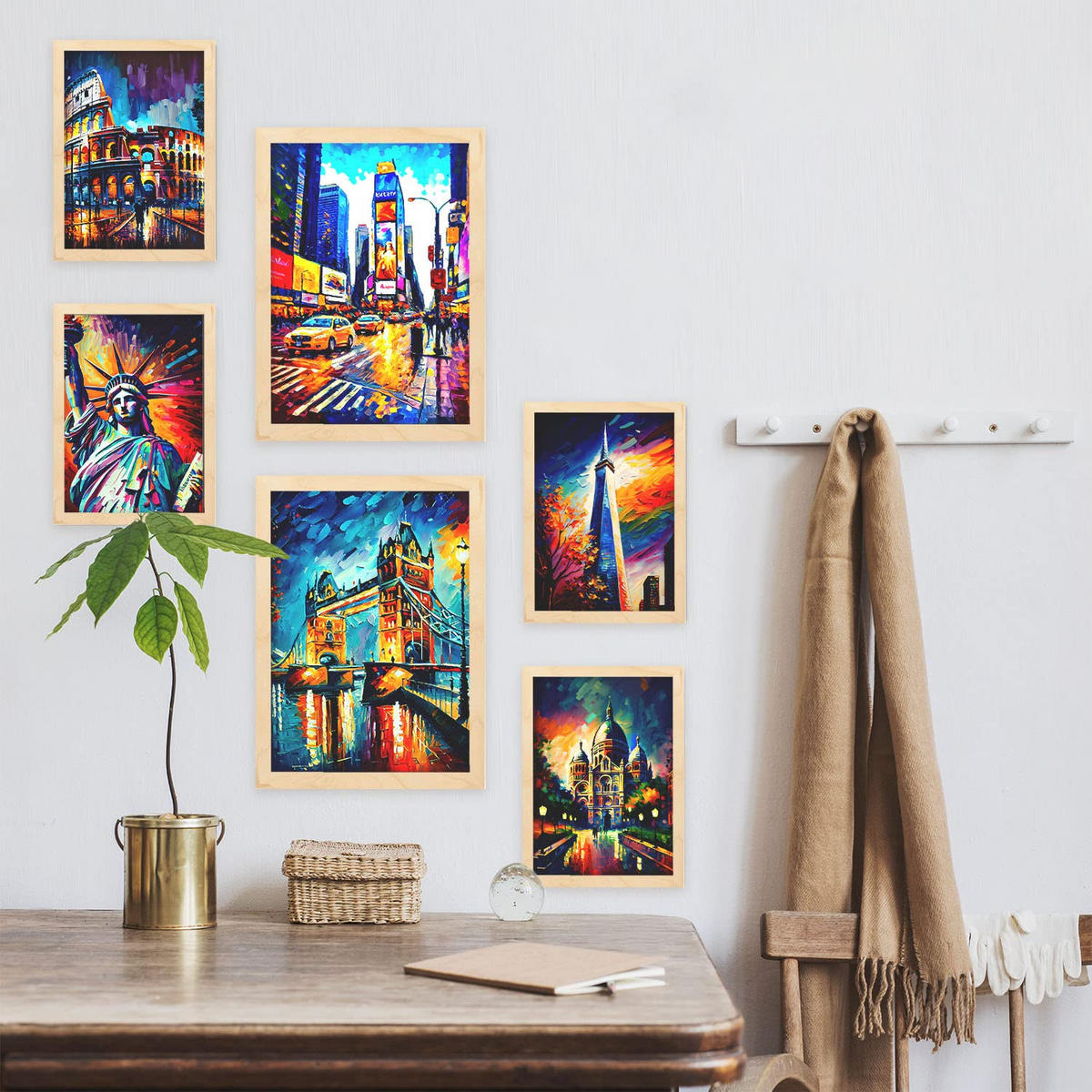 POSTER Set Mit 6 Menschengemacht Im Ölgemälde A3 & A4 Rahmen Aus Hellem Holz - Beige, Papier (29/3cm) - Nacnic