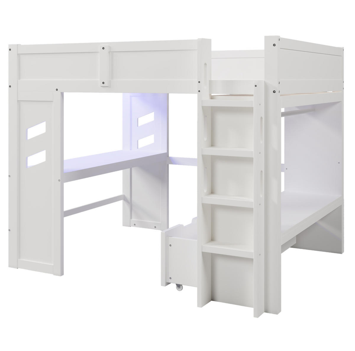 HOCHBETT aus Kiefernholz 140x200 cm Weiß mit Schreibtisch, LED, USB-C, 2 Schubladen und Wäschestange - Weiß, Holzwerkstoff (140/200cm) - Modfu