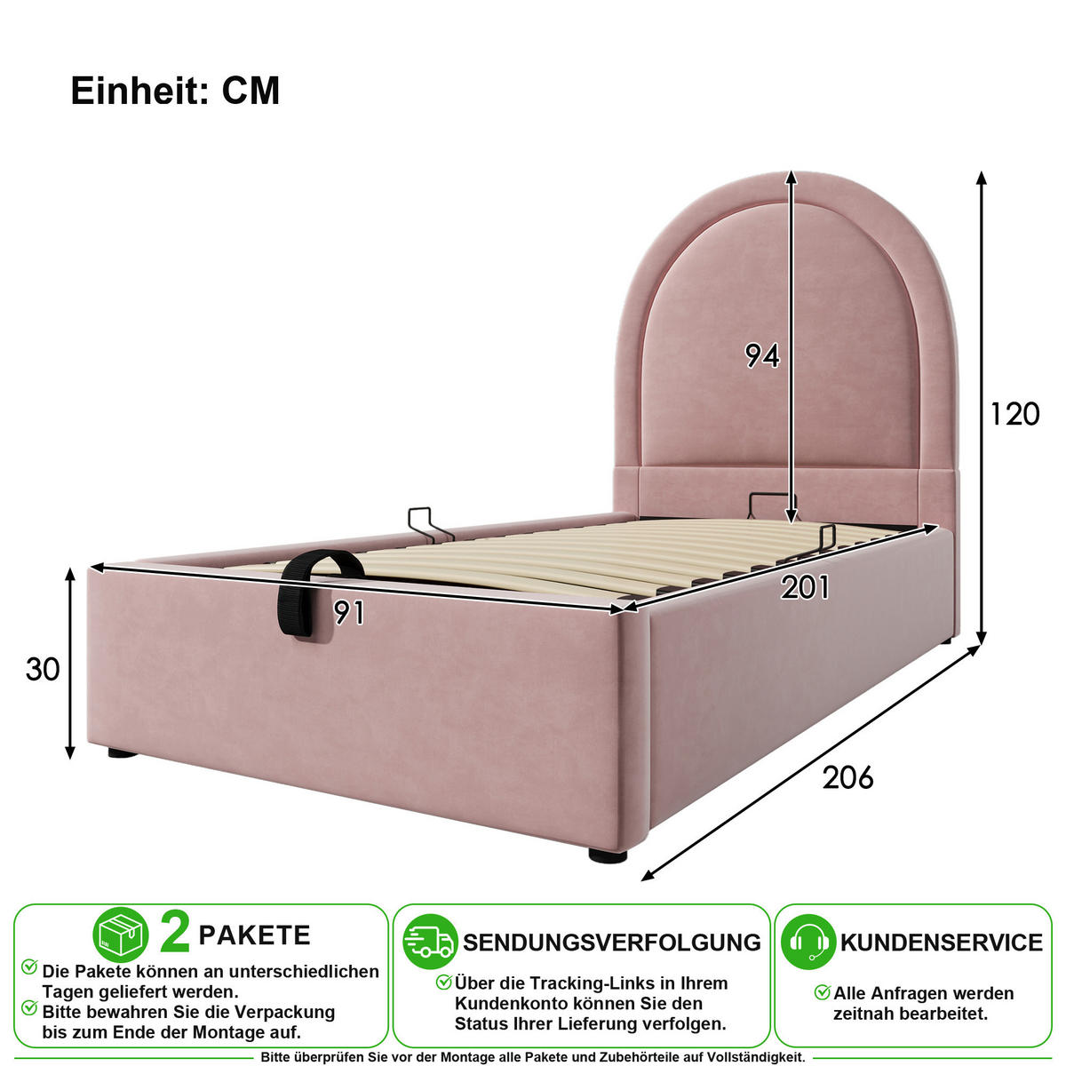 POLSTERBETT 90/200 cm in Rosa mit Bettkasten Samt - Rosa, Holzwerkstoff/Textil (90/200cm) - CHICFURN