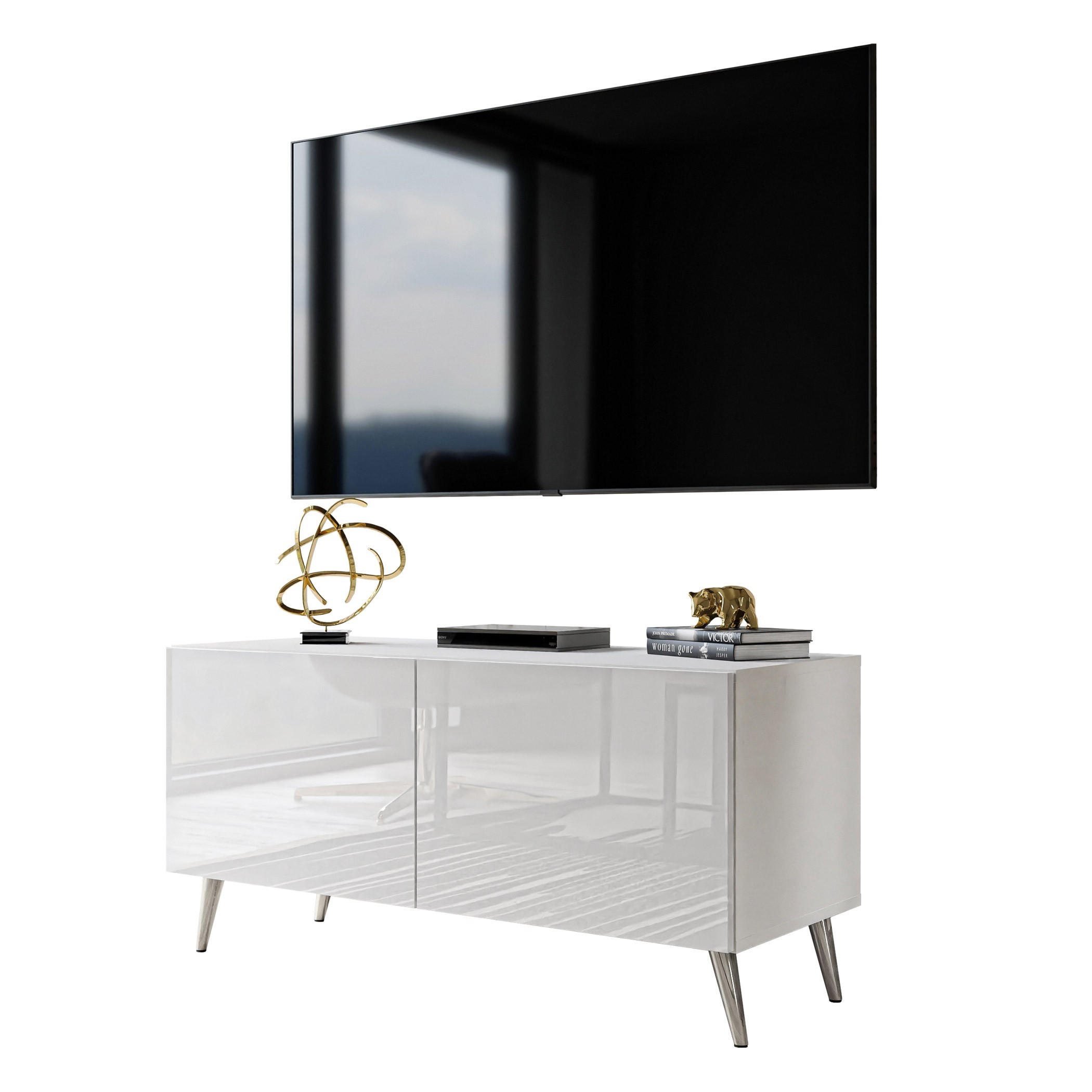 TV-ELEMENT AURA 100 Weiß Hochglanz – Beinfarbe: Chrom - Weiß, Holzwerkstoff (100/49/40cm) - Lookway