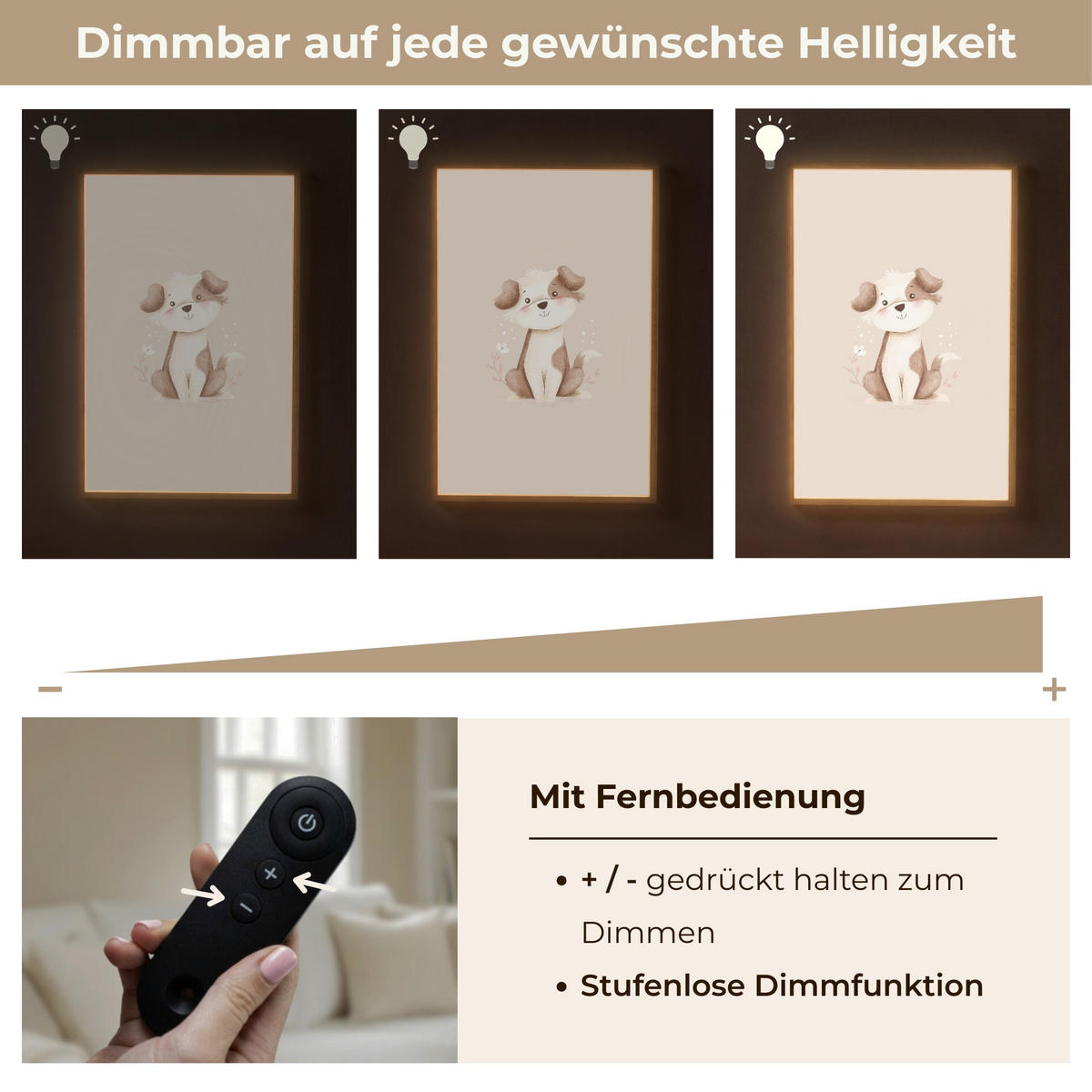 NÁSTĚNNÁ LAMPA S AKUMULÁTOREM Pes - skvrnitý - hnědý 60x90 cm - béžová, kompozitní dřevo (60/90/8cm) - OnlyWow