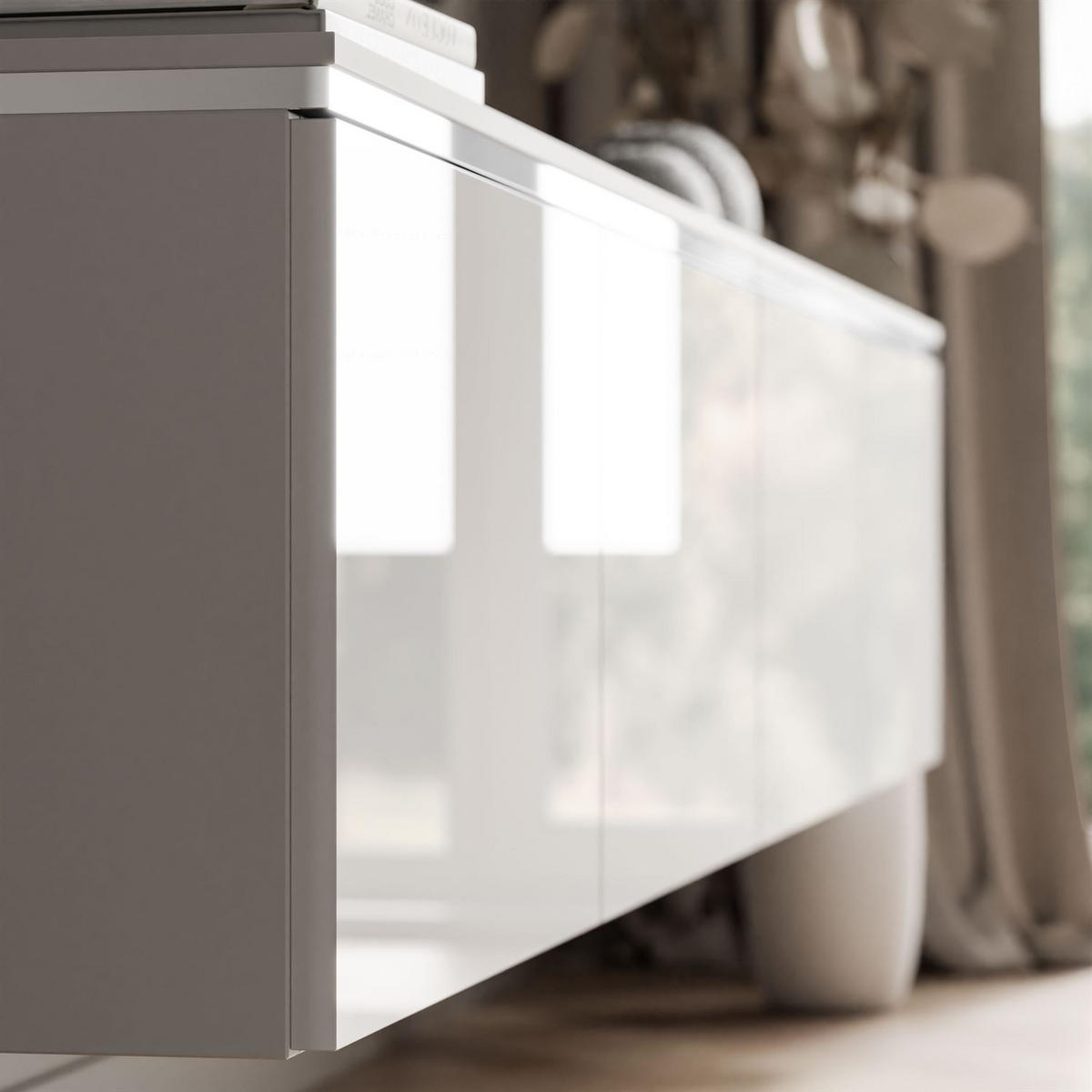 TV-RACK CELINE GLOSS SILVER 200 cm mit LED-Beleuchtung (hängend) - Weiß, Holzwerkstoff (200/48/40cm) - Lookway