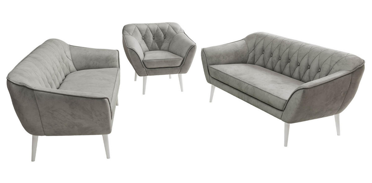 SEDACÍ SOUPRAVA 3+3+1 PIRS - Světle šedá Samet - Bílé nohy - bílá/světle šedá, kompozitní dřevo/textil (180/75/74cm) - MKS
