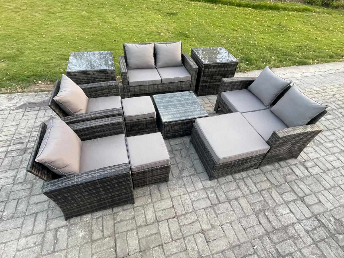 GARTENGARNITUR Polyrattan Dunkelgrau 9-Sitzer - Dunkelgrau, Metall - Fimous