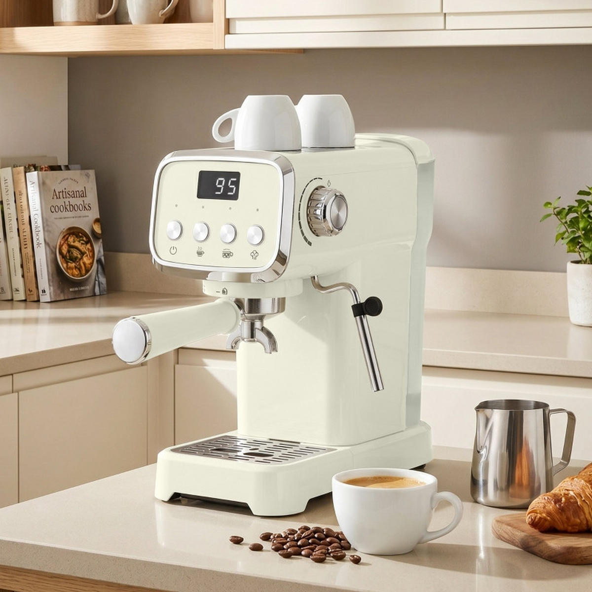 SIEBTRÄGERMASCHINE 32/17/31 cm, Cremeweiß, 20‑Bar‑Druck, Milchaufschäumer, 1,2‑l‑abnehmbarer Wassertank - Creme, Metall (17/31/32cm)