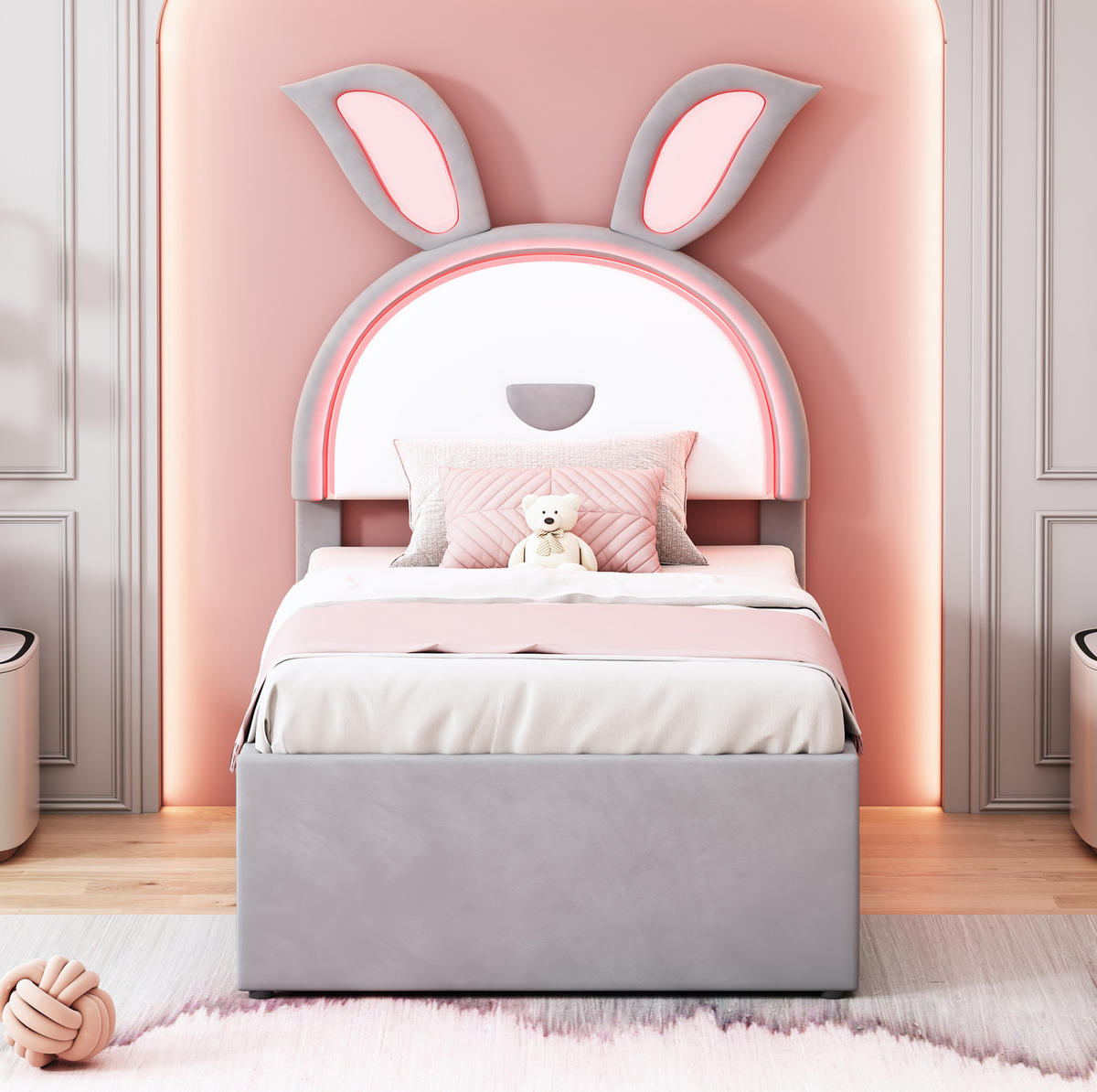 KINDERBETT 90/200 cm mit Ausziehbett, 3 Schubladen, LED-Beleuchtung und Samtbezug, Grau - Grau, Textil (90/200cm) - Redom