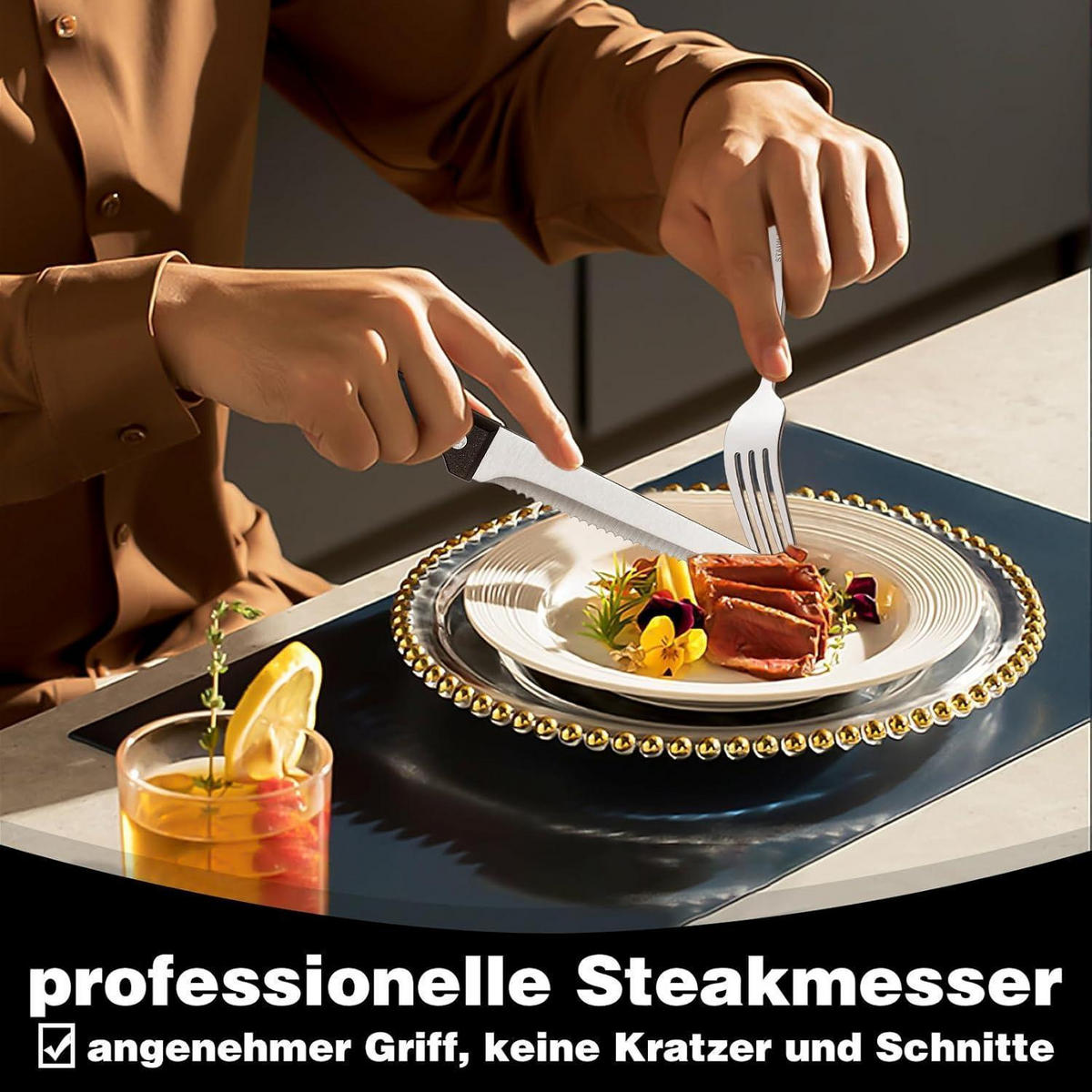 BESTECKSET 36-teilig für 6 Personen Edelstahl mit Steakmessern - Silberfarben, Metall