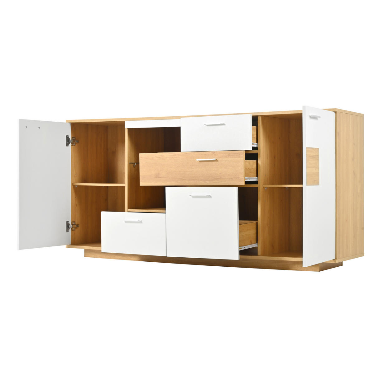 SIDEBOARD 160/40/77 cm, 2 Türen und 4 Schubladen, Holzoptik/Weiß mit einstellbarer 16-farbiger LED，Naturfarben - Naturfarben, Holzwerkstoff (160/77/40cm) - Redom