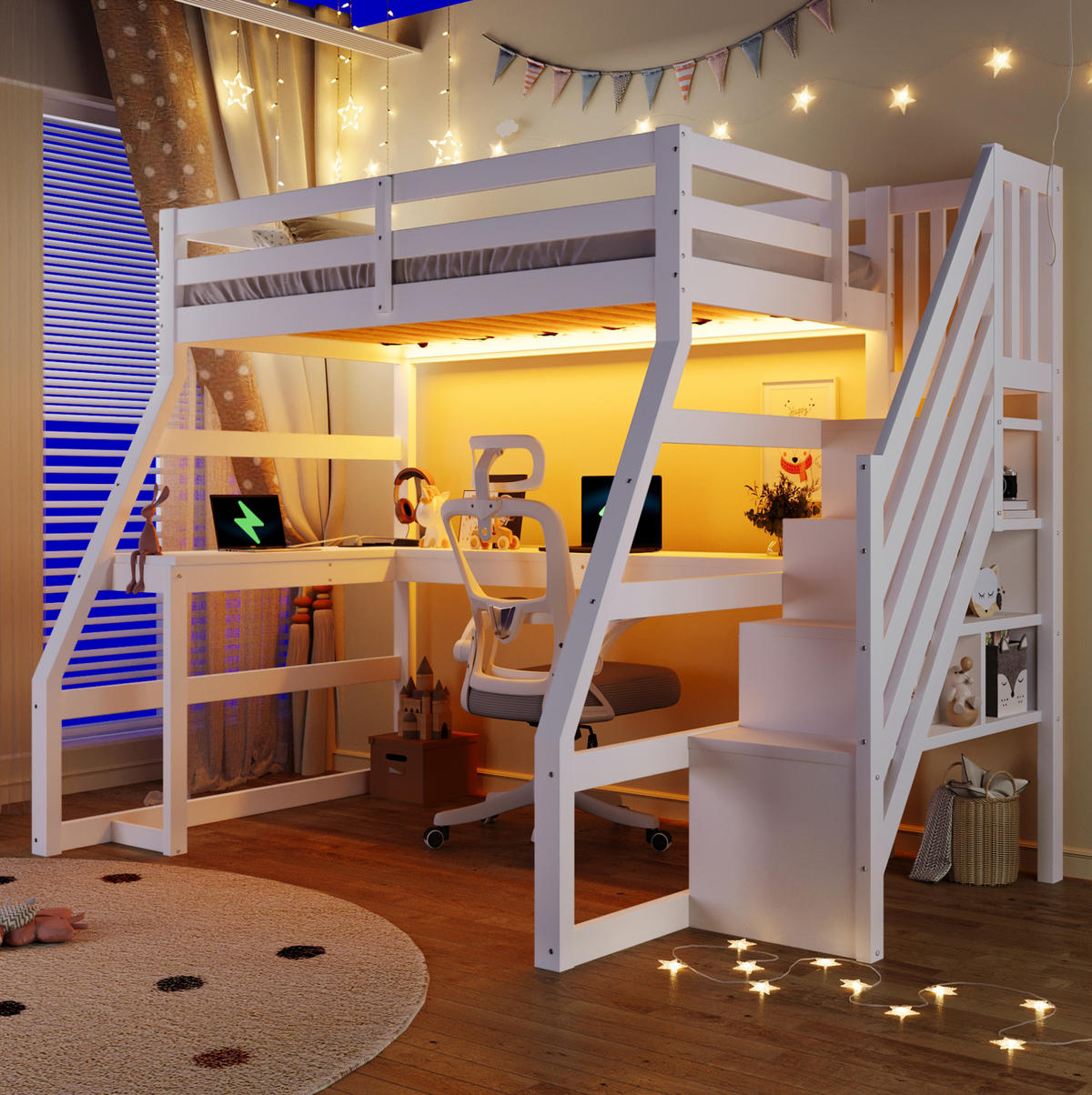 HOCHBETT 90/200 cm, Weiß mit L-förmigem Schreibtisch, LED und Stauraumtreppe - Weiß, Holz (90/200cm) - MIVRAY