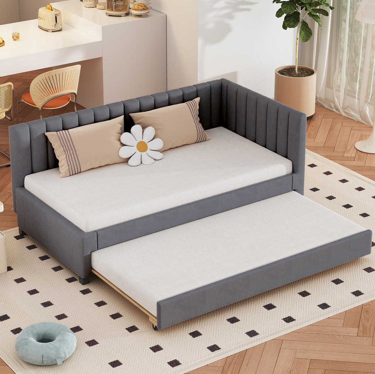 POLSTERBETT 90/200 cm aus Samt mit Ausziehbett und Lattenrost Grau - Grau, Textil (90/200cm) - Modenvie
