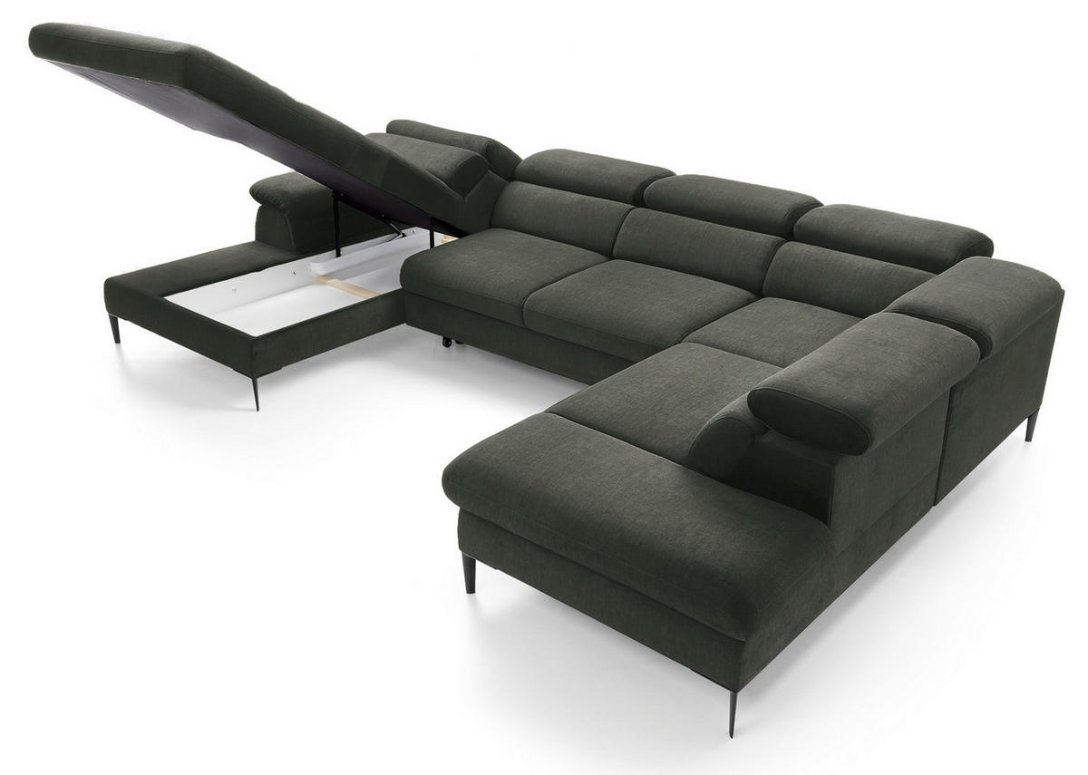 ECKSOFA U-Form 350 cm Amaro M mit Schlaffunktion, Links, Grün - Grün, Holz (214/353cm) - Emporius